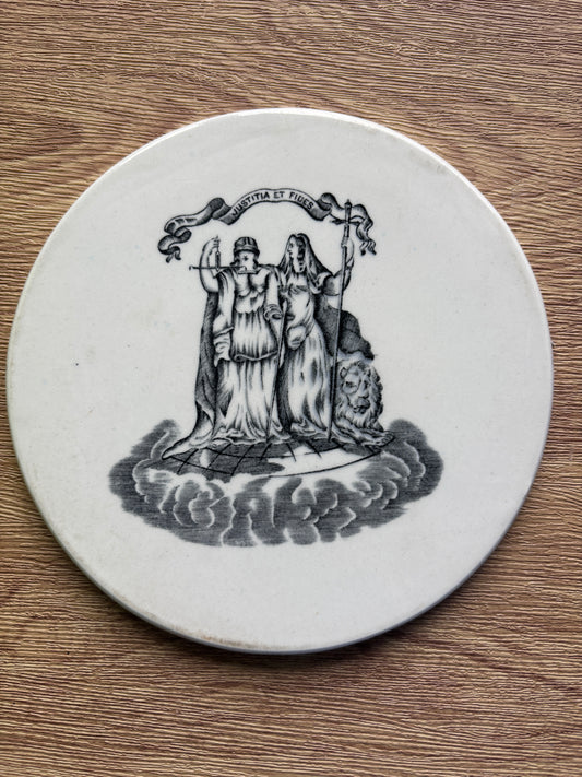 Old ironstone advertising scale plate 18cms, Justitia et fides