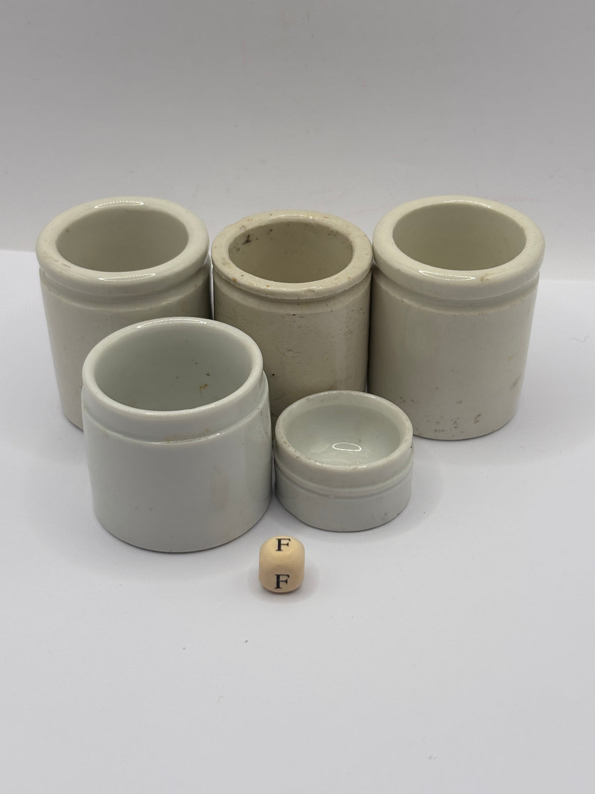 5 old small stoneware jars & pots (F)