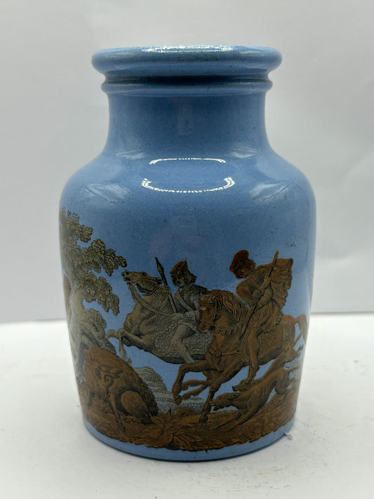 Blue Prattware jar, hunting horses