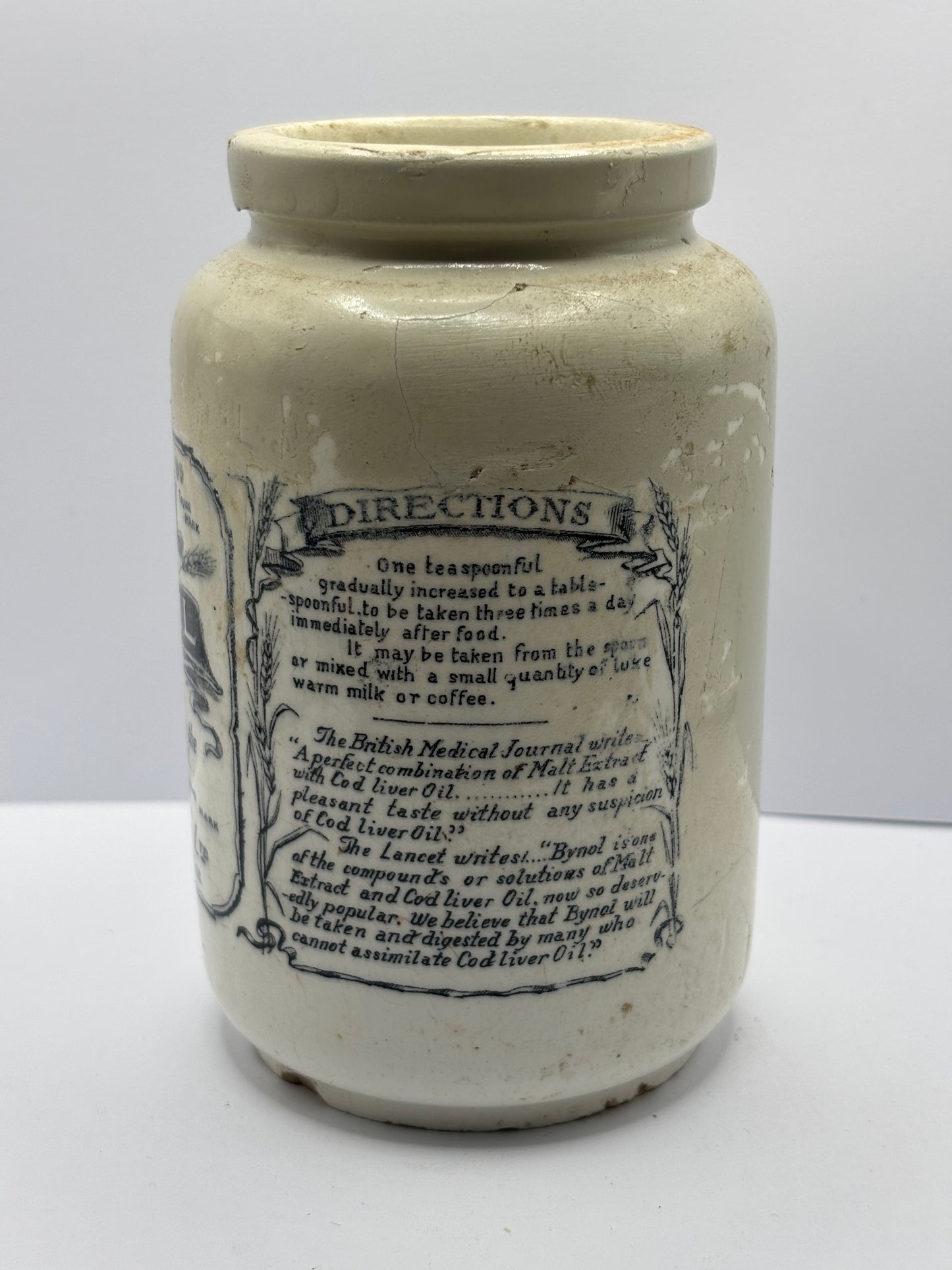 Old Bynol advertising pot, repaired & damaged