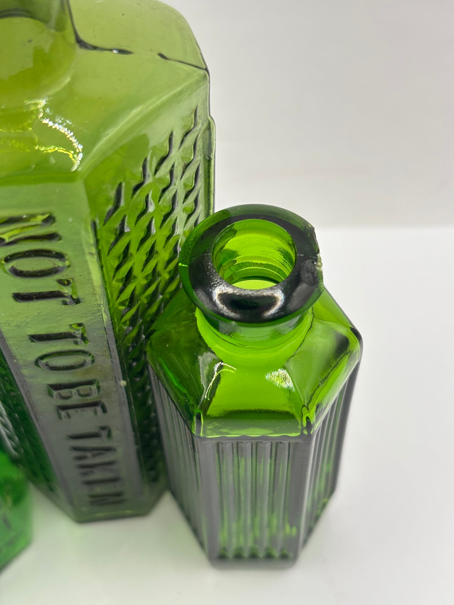 3 old green glass poison bottles, chipped (F)