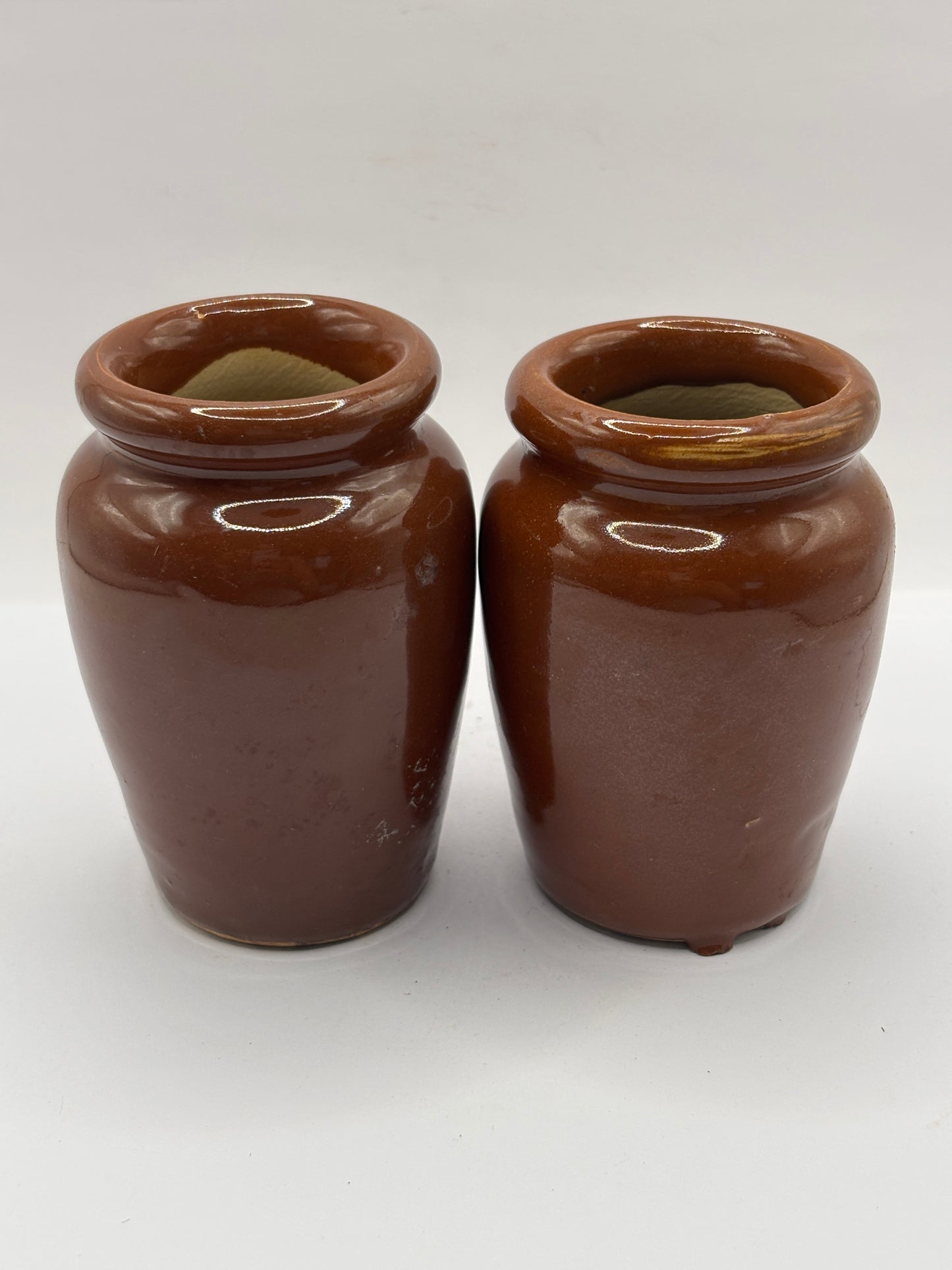 2 old brown stoneware cream pots