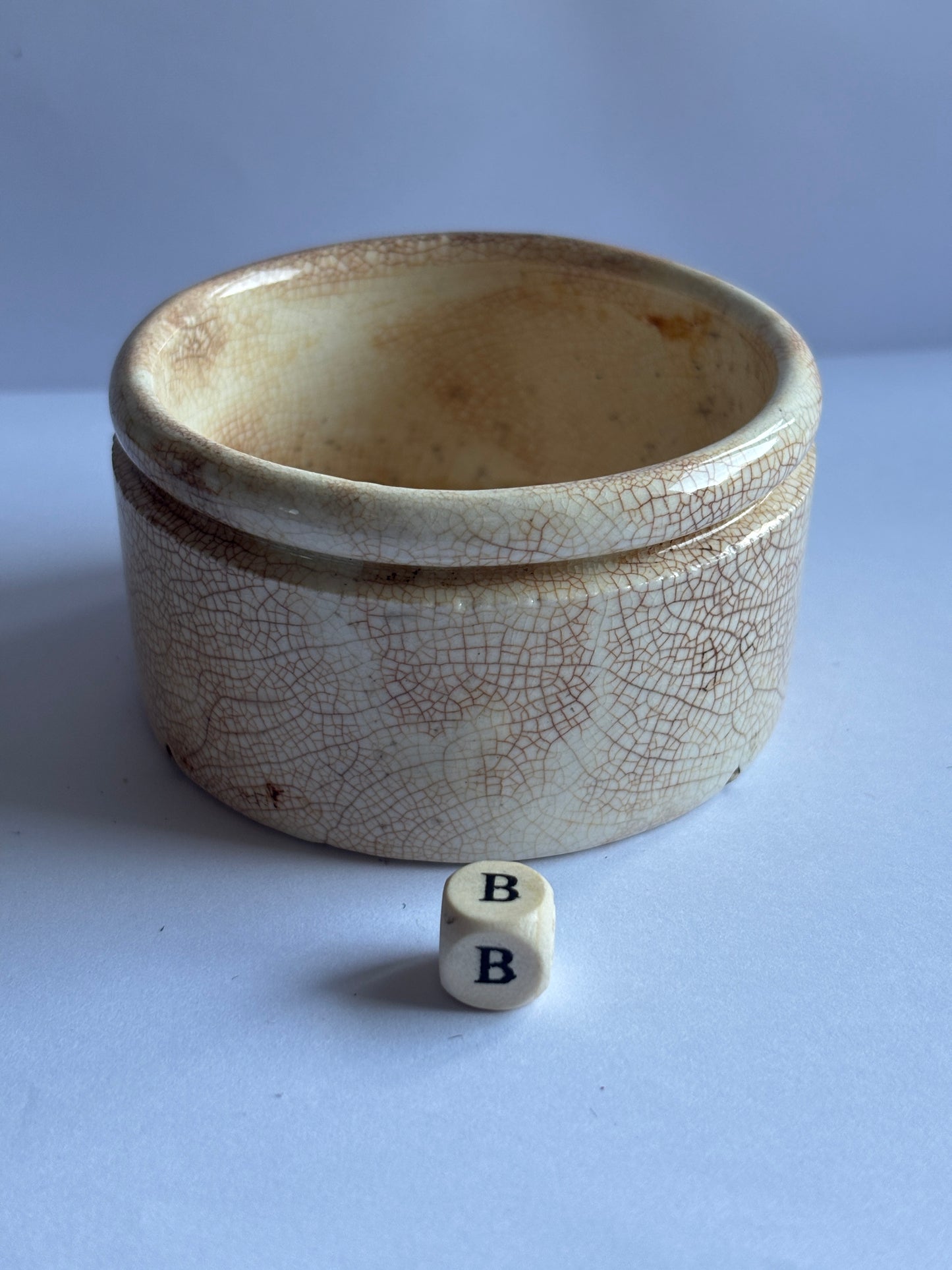 Old stained & crazed stoneware paste pot, Needhams polishing paste (B)