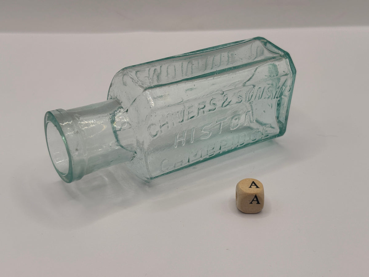 Old aqua glass advertising bottle, Chivers Lemonade (a)