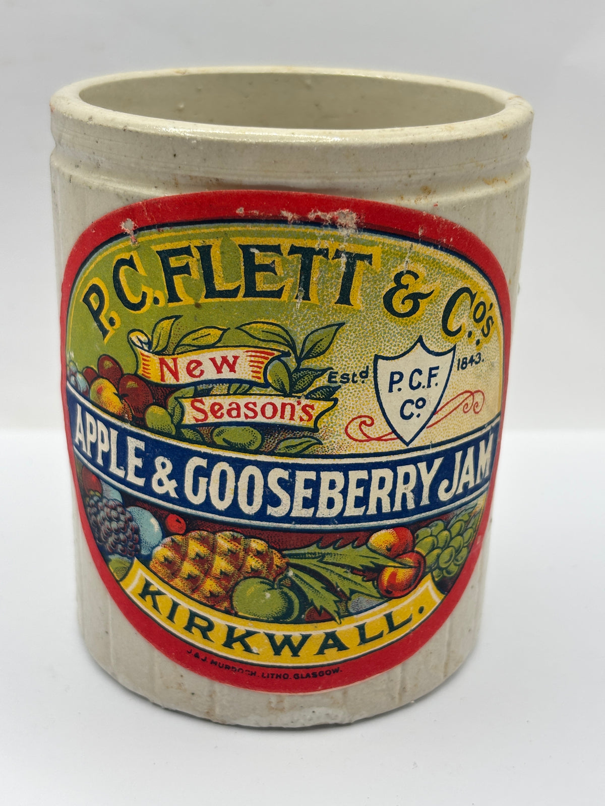 Old 1lb ribbed stoneware jam pot with added label