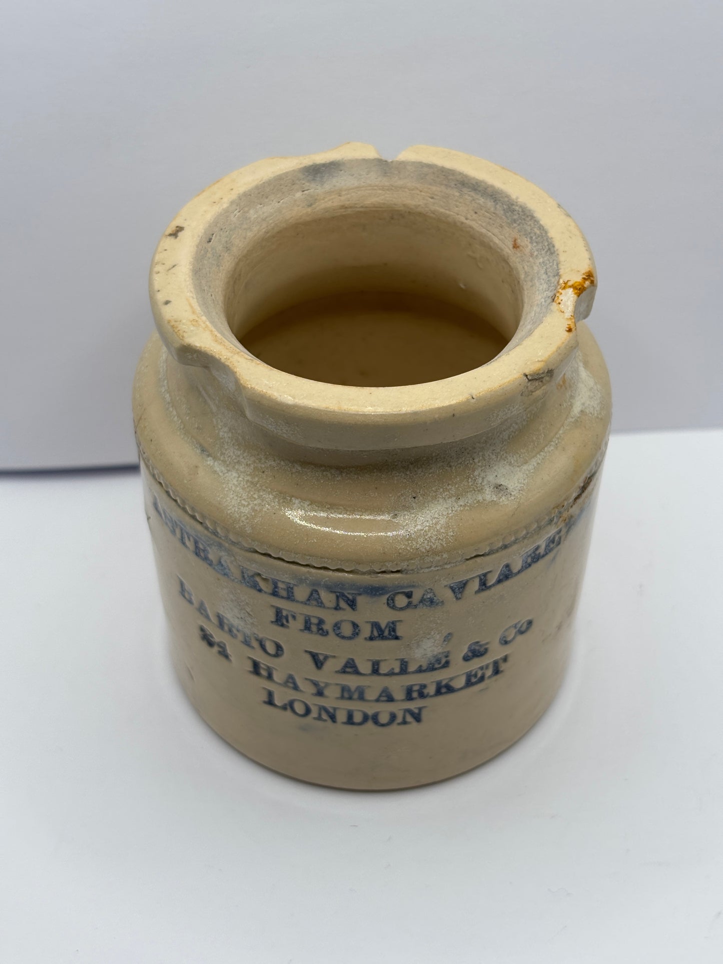 Old blue print stoneware caviare jar. Astrakhan caviare london