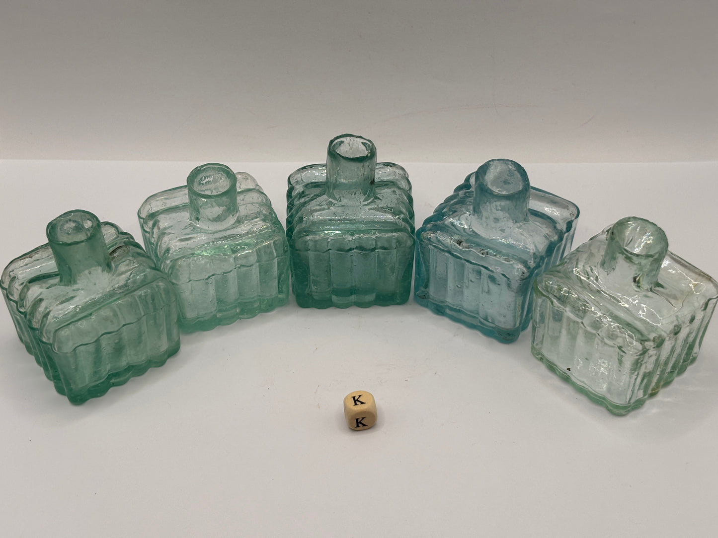5 old aqua glass ribbed inks, inkwells, ink bottles, penny ink (K)