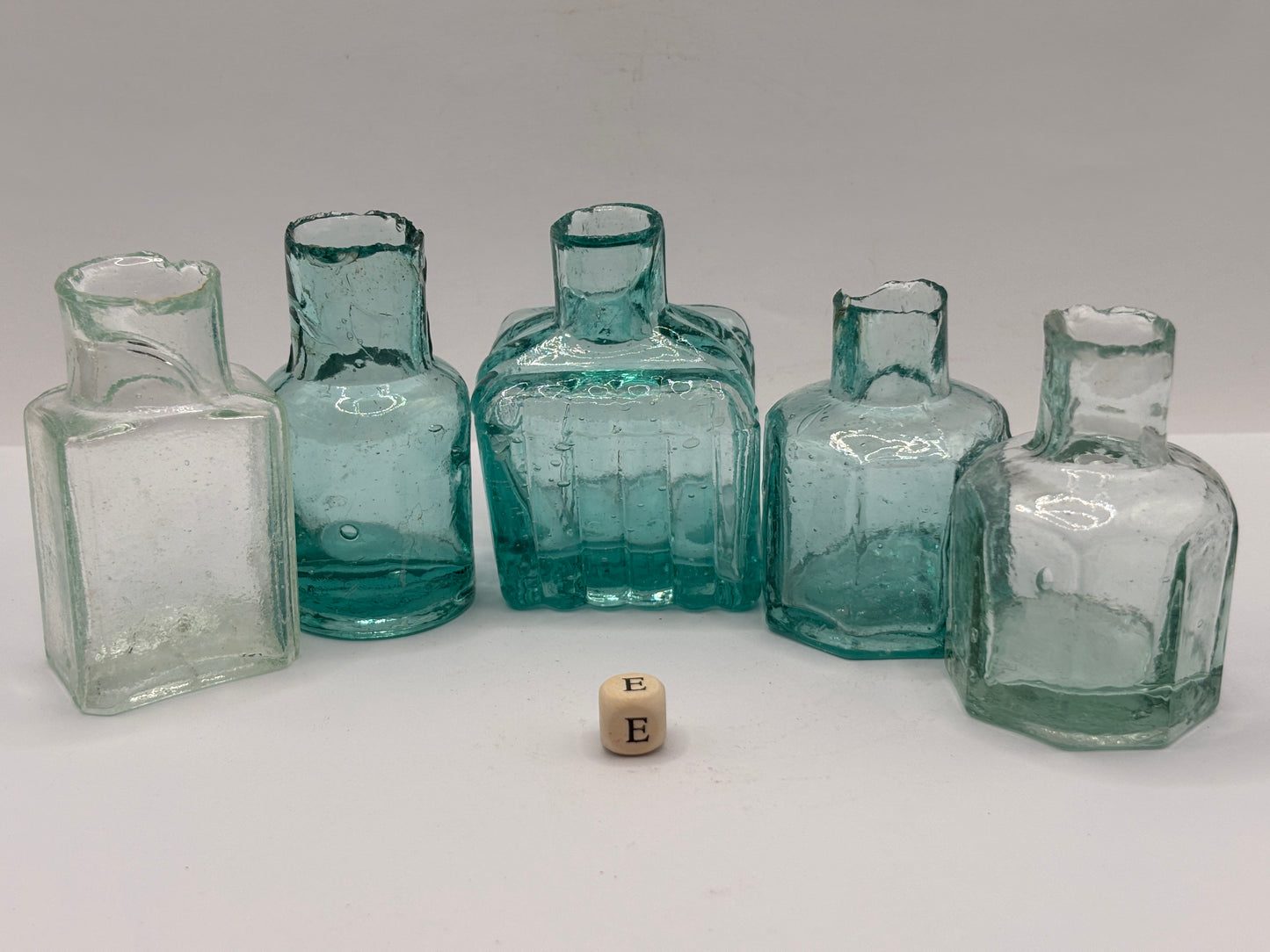 5 old aqua glass inks, inkwells, ink bottles, penny ink (E)