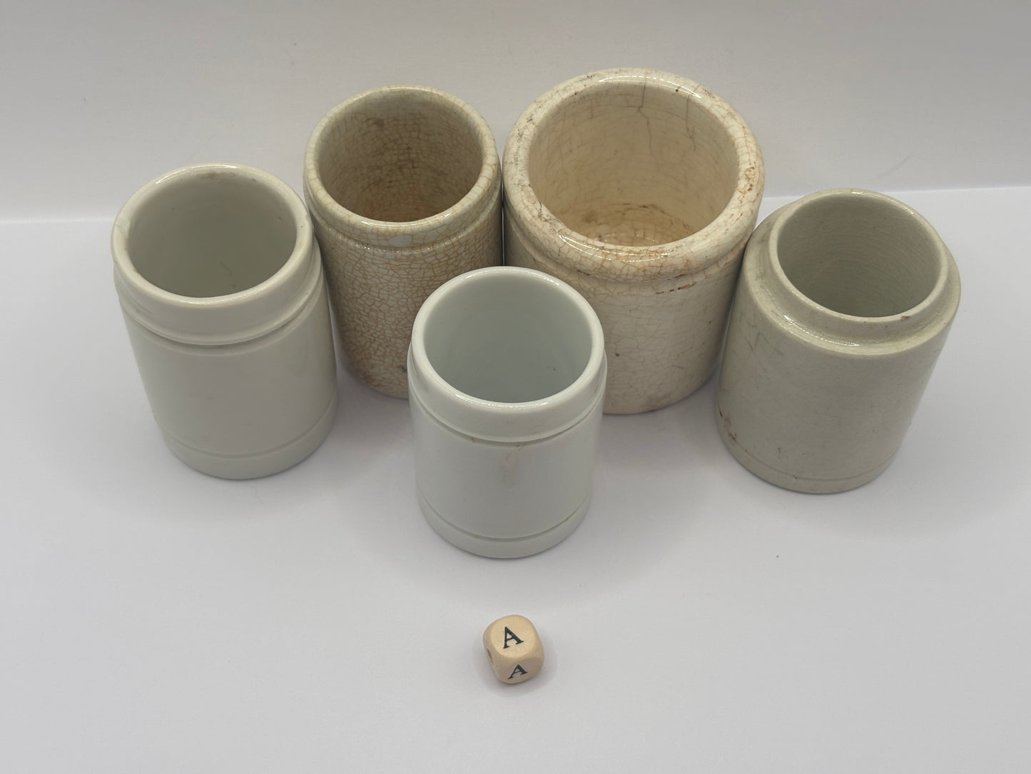 5 old white stoneware jars & pots (a)