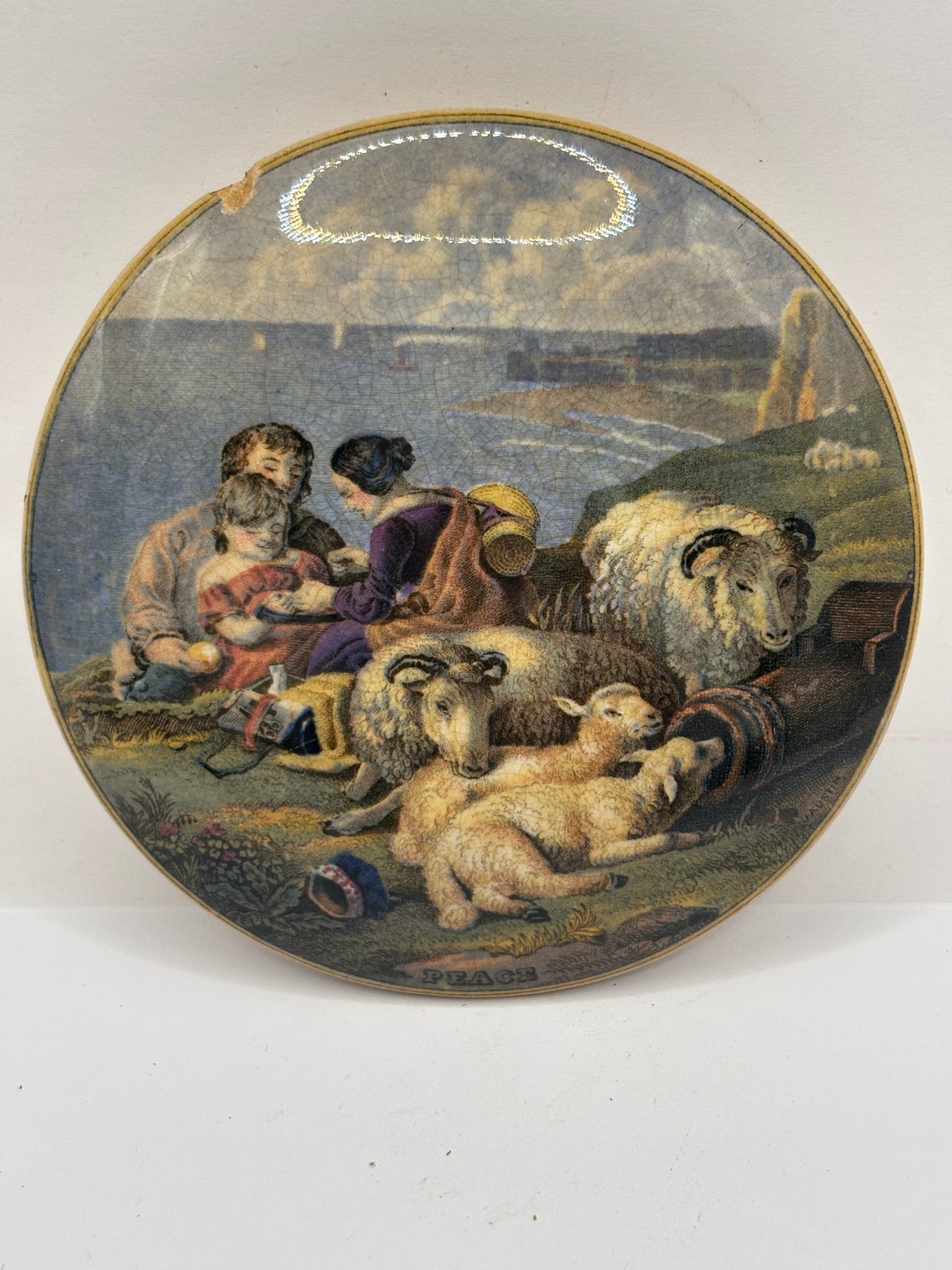 Old Prattware lid, Peace. Chipped