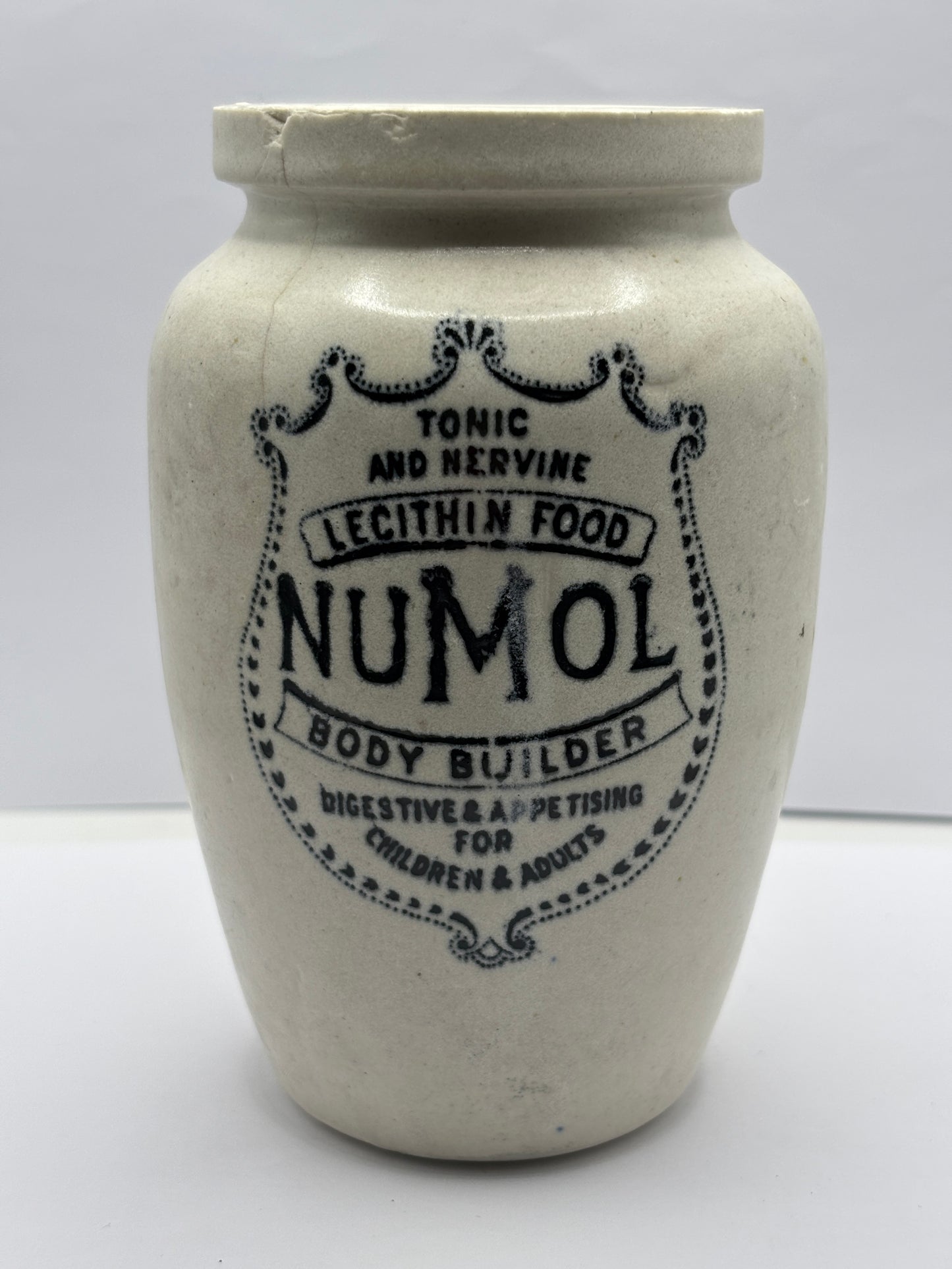 Old numol body builder advertising jar, 13cms