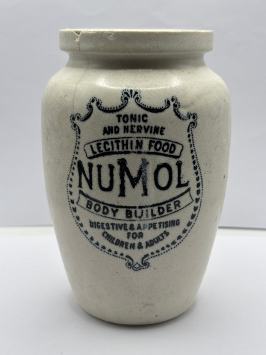 Old numol body builder advertising jar, 13cms