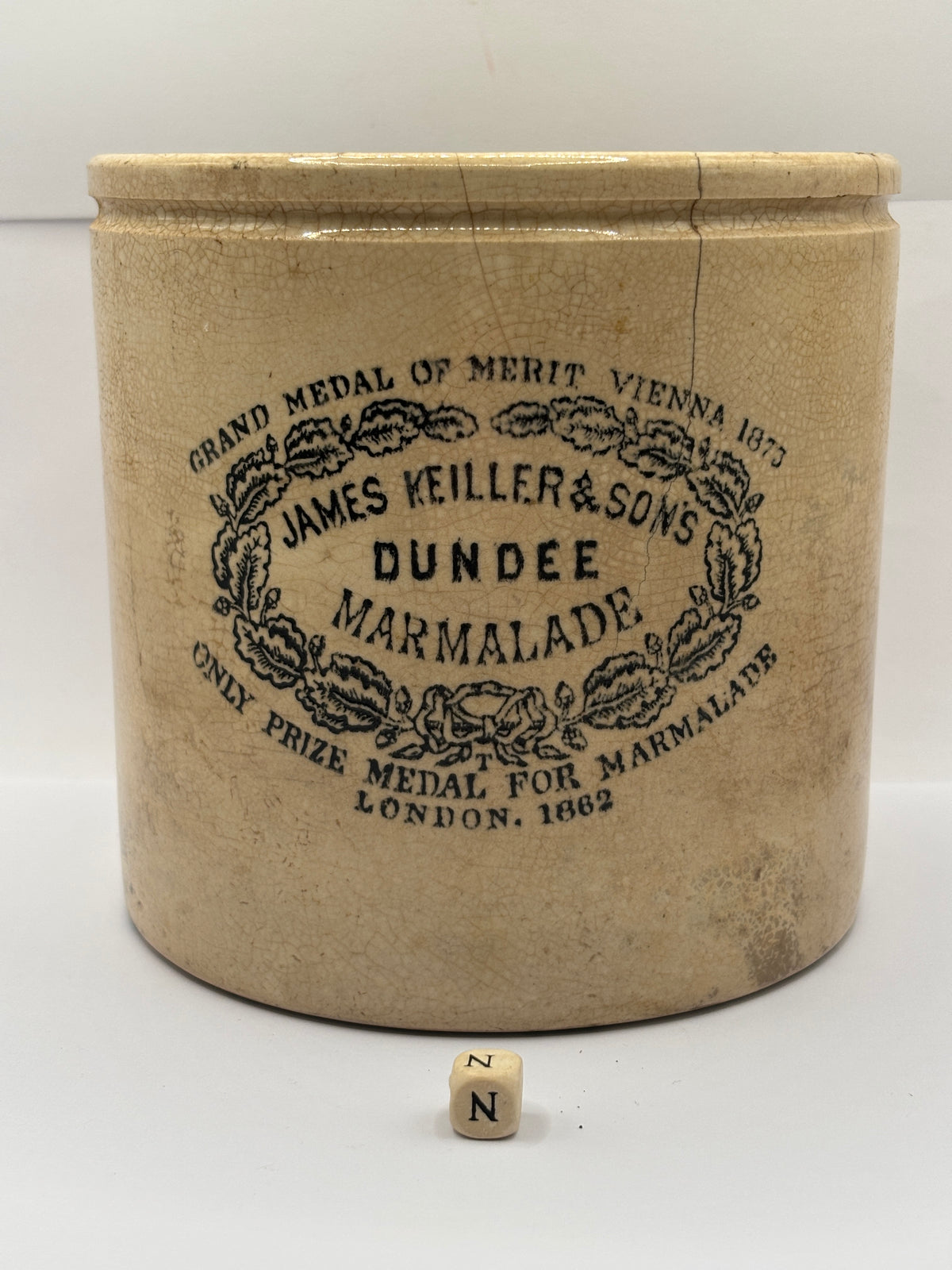 Old large rare 4lb stoneware marmalade pot, James Keiller Dundee marmalade (N)
