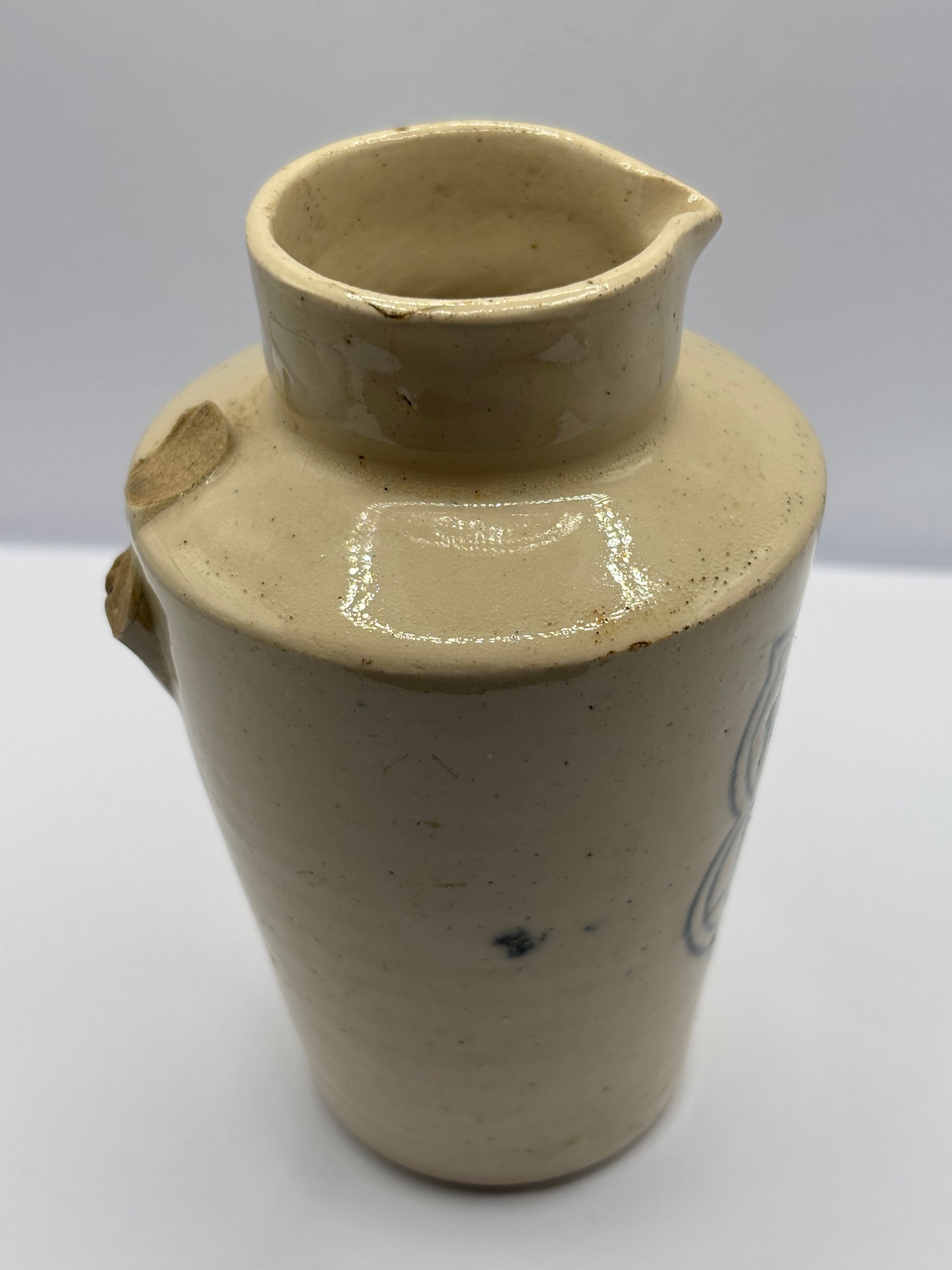 Old stoneware advertising cream pot, Pure fresh cream, Danish dairy co. Damaged
