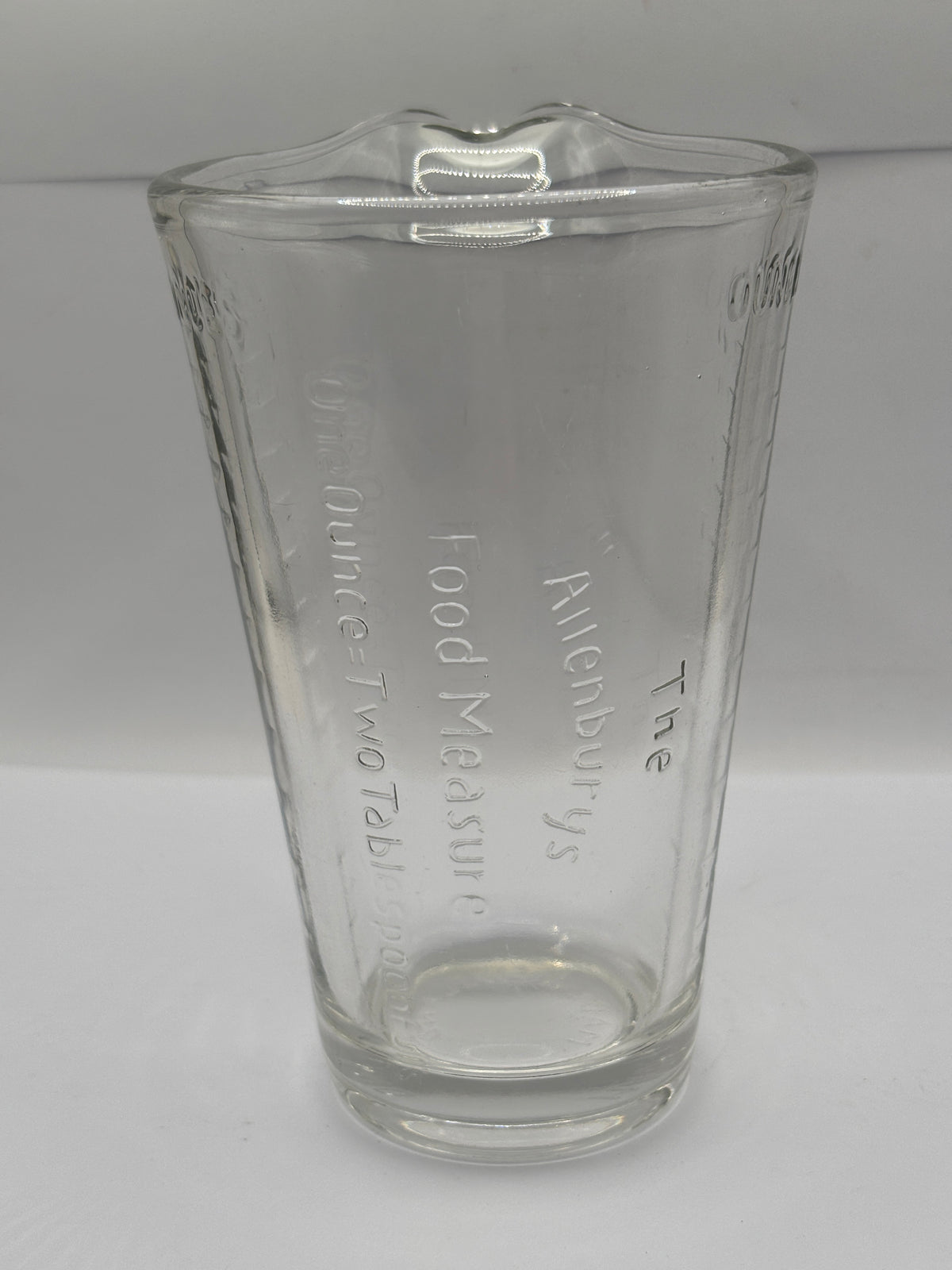 Old clear glass food measuring jug, The allenburys food measure