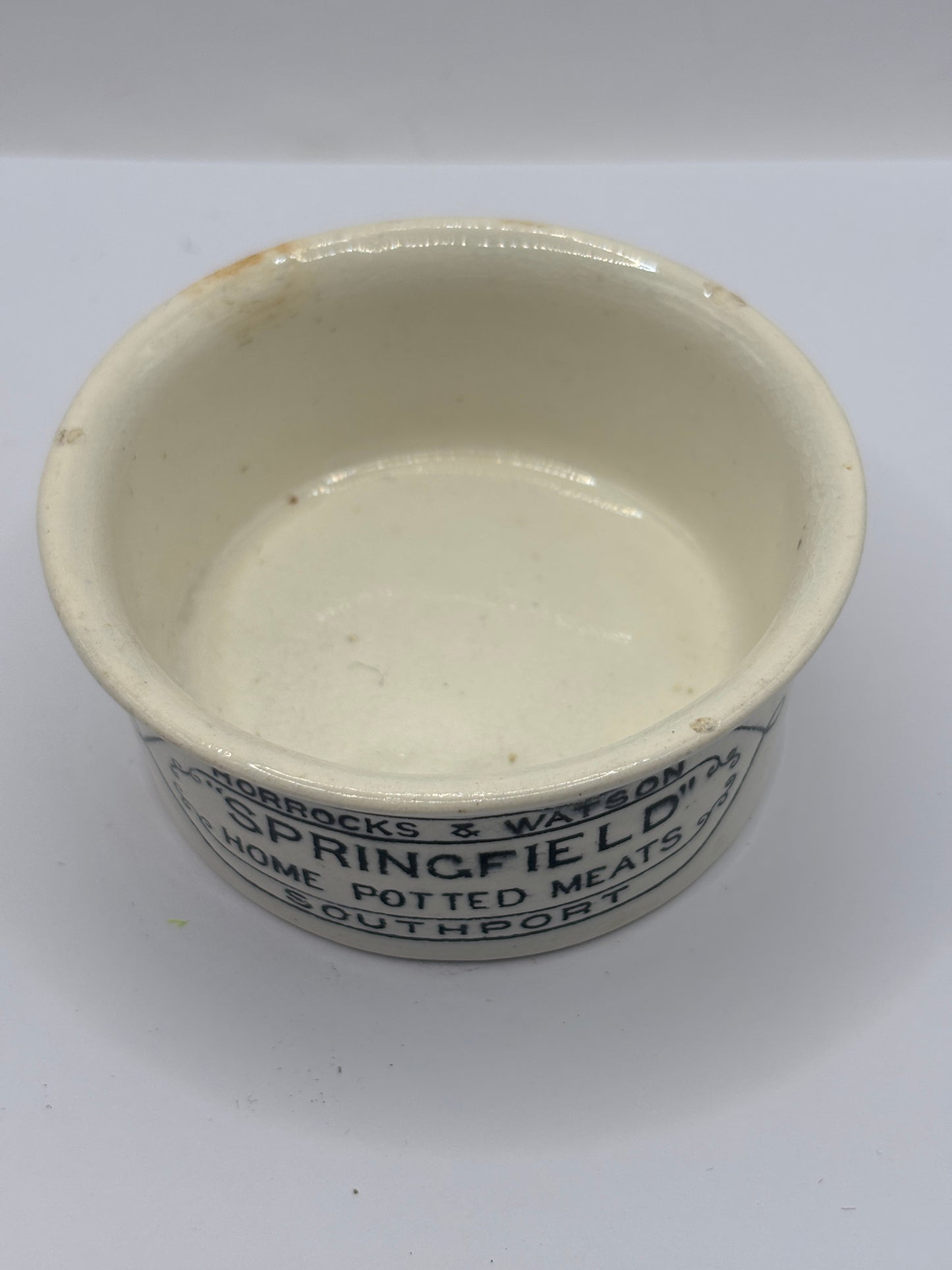 Old Springfield advertising meat paste pot, home potted meats