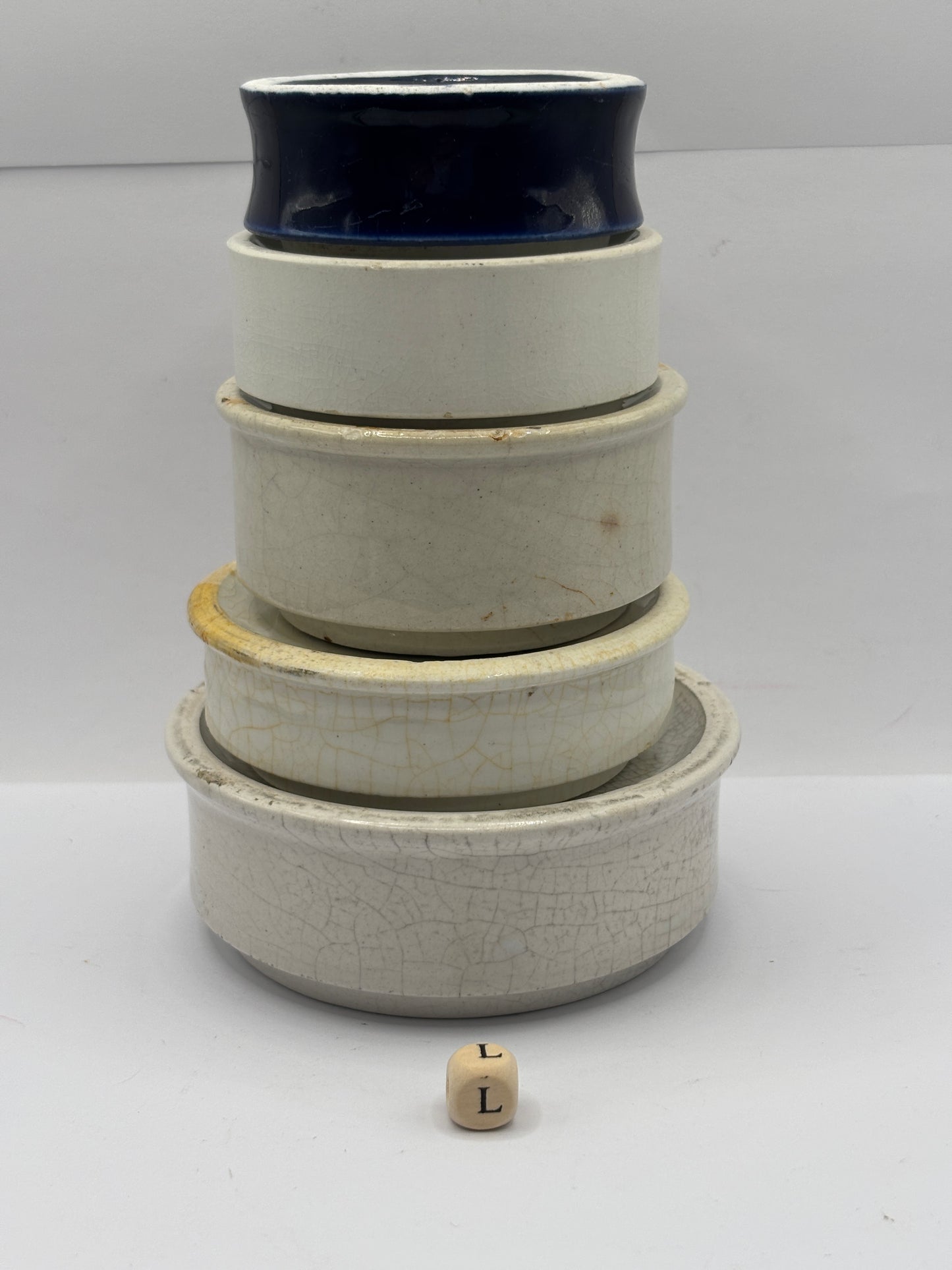 5 old stoneware bases, stackers (L) damages
