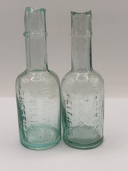 2 old aqua glass Henderson’s relish bottles