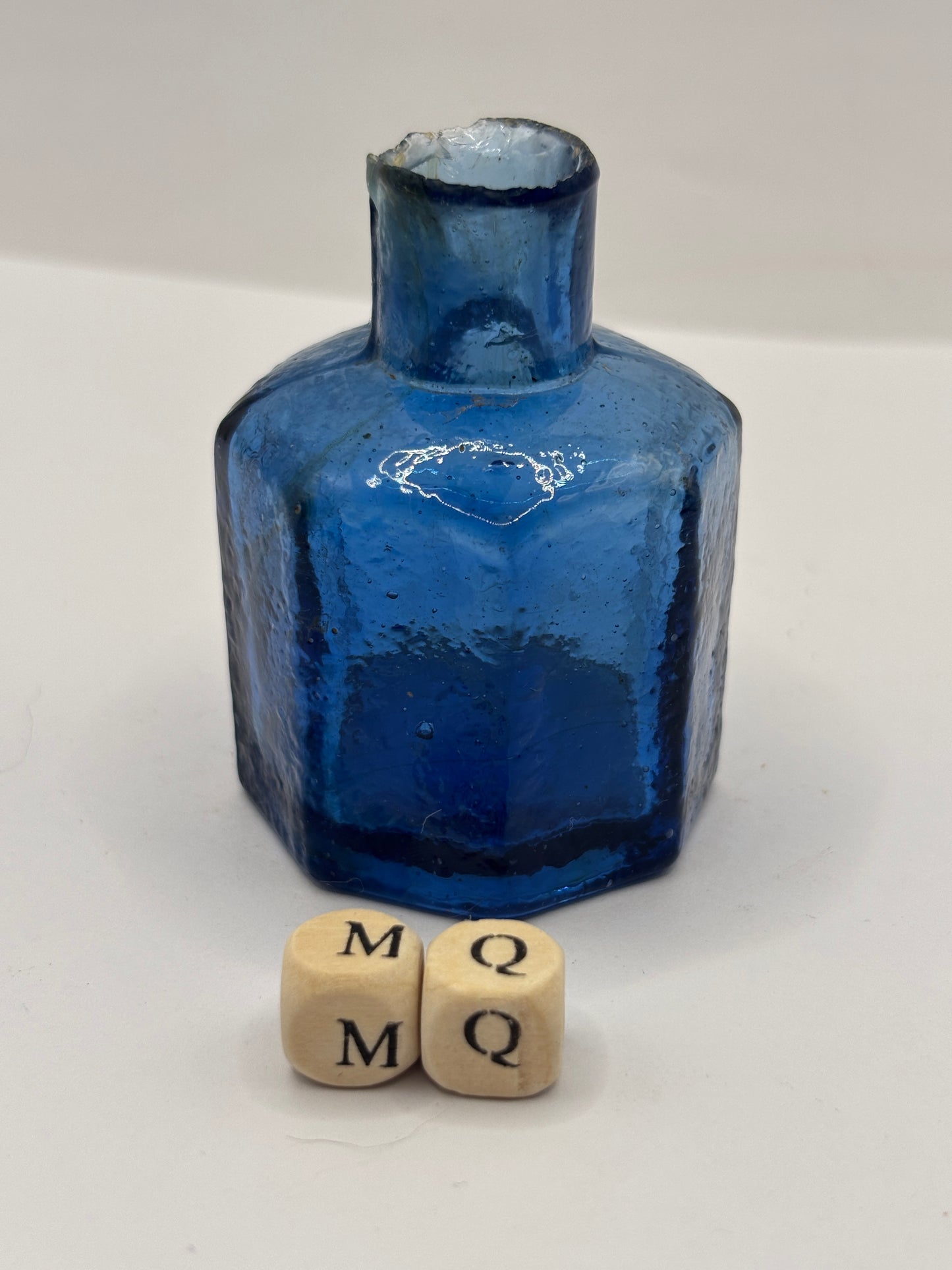 Old blue glass ink bottle, inkwell, penny ink (MQ)