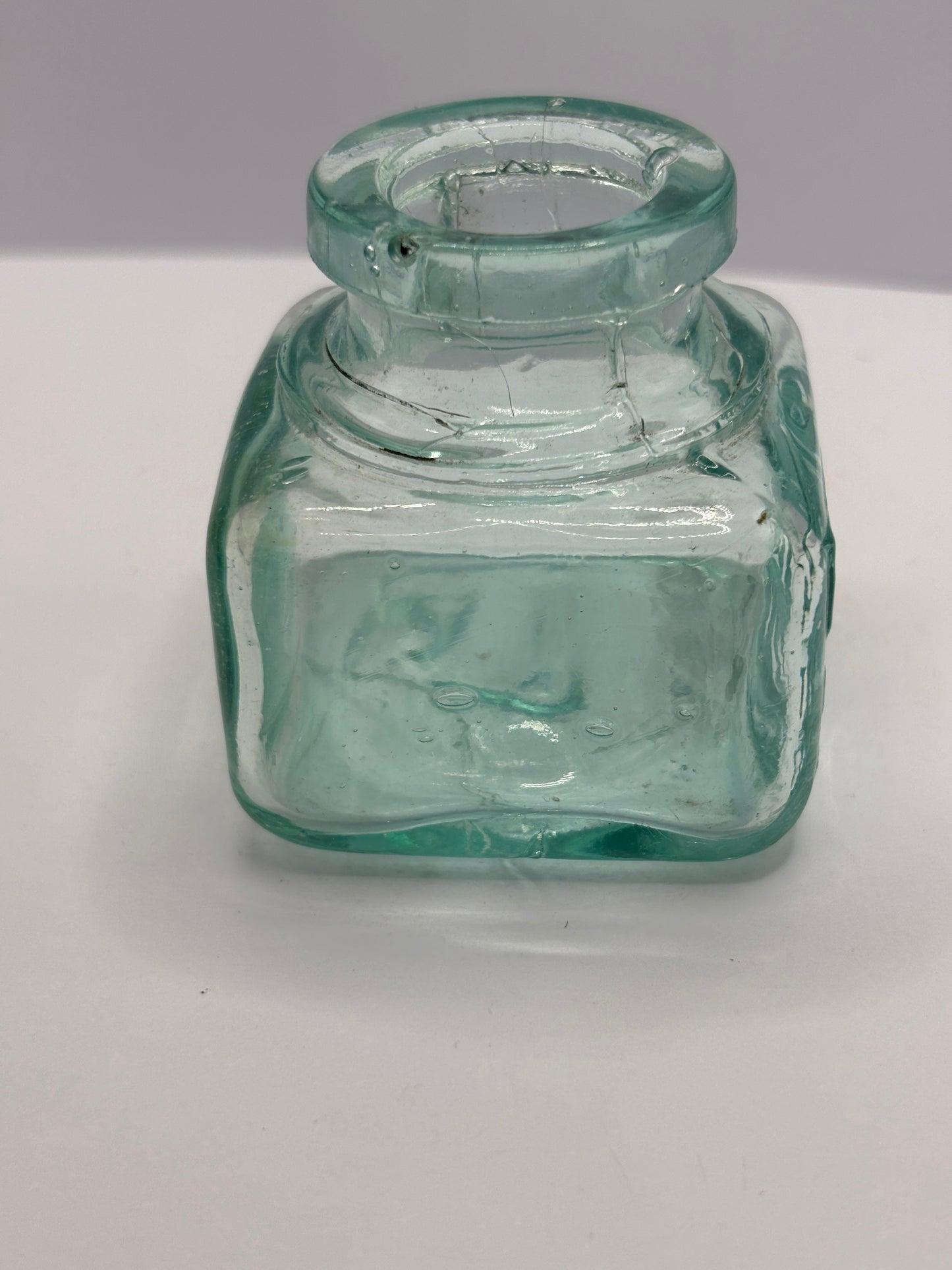 Old aqua glass ink bottle, inkwell. fields ink & gum