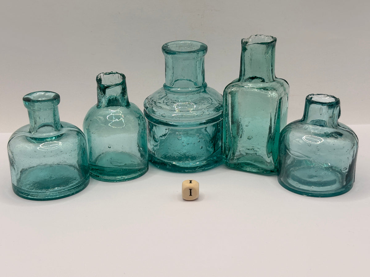 5 old dark aqua glass inks, inkwells, ink bottles, penny ink (i)