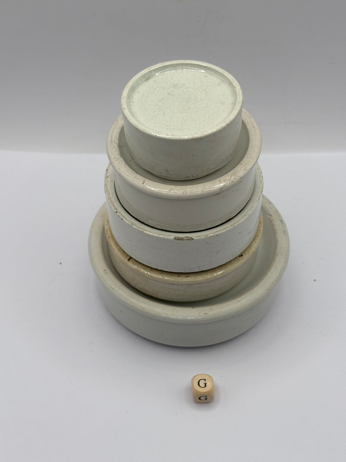 5 old stoneware pot lid bases, stackers (G)