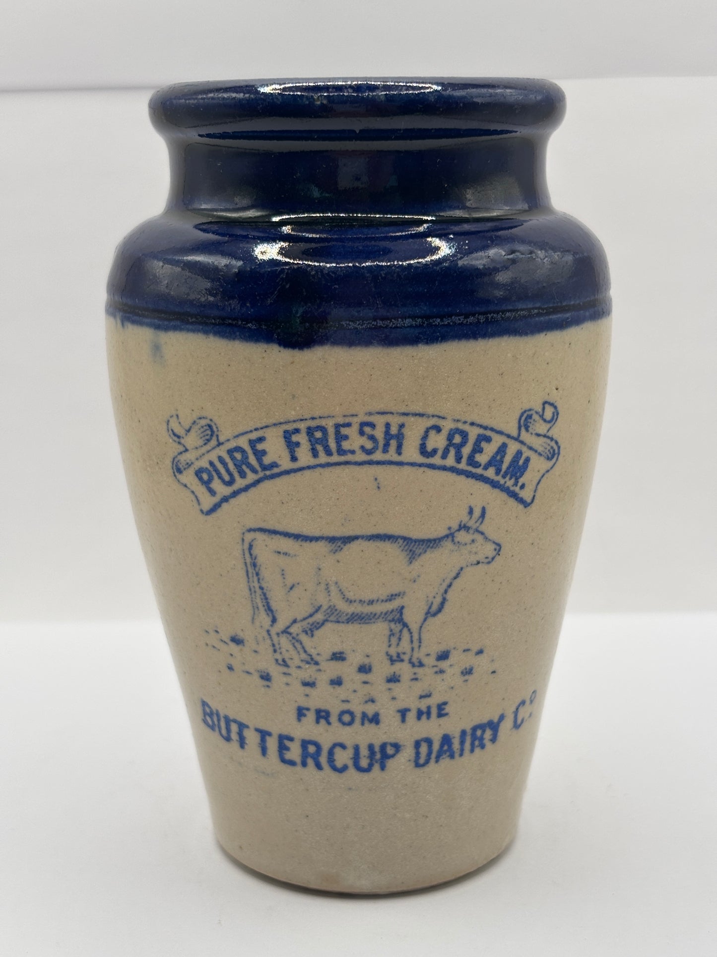 Old blue top advertising cream pot, Pure fresh cream, Buttercup dairy