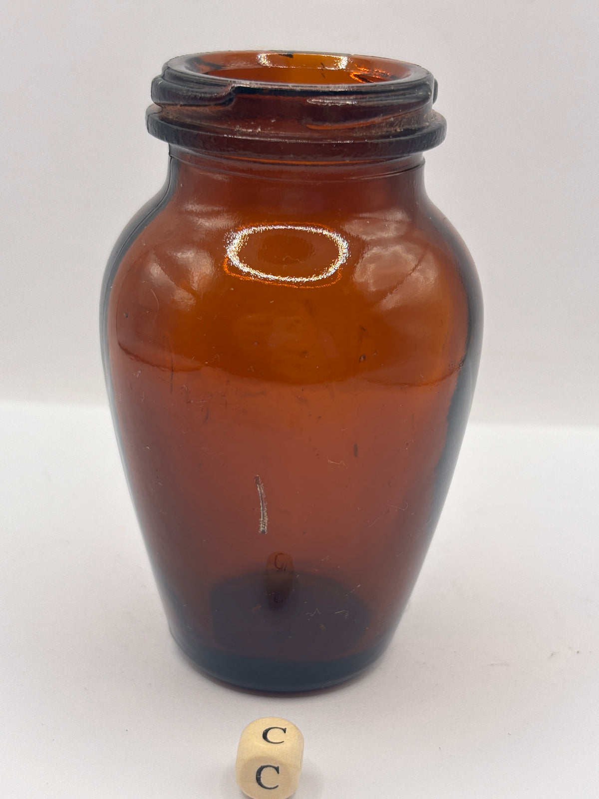 Old amber glass Virol jar (c) 10.5cms