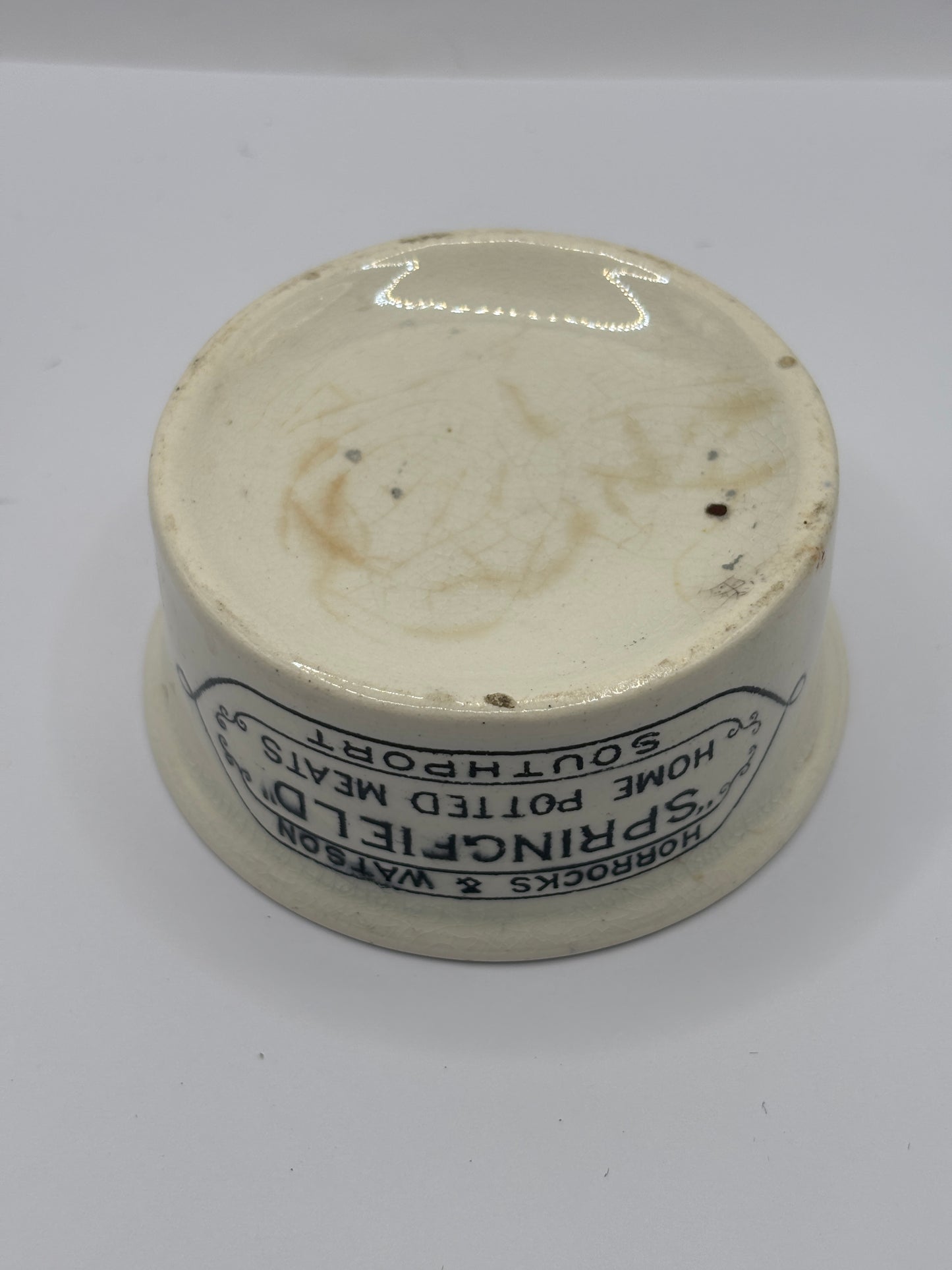 Old Springfield advertising meat paste pot, home potted meats