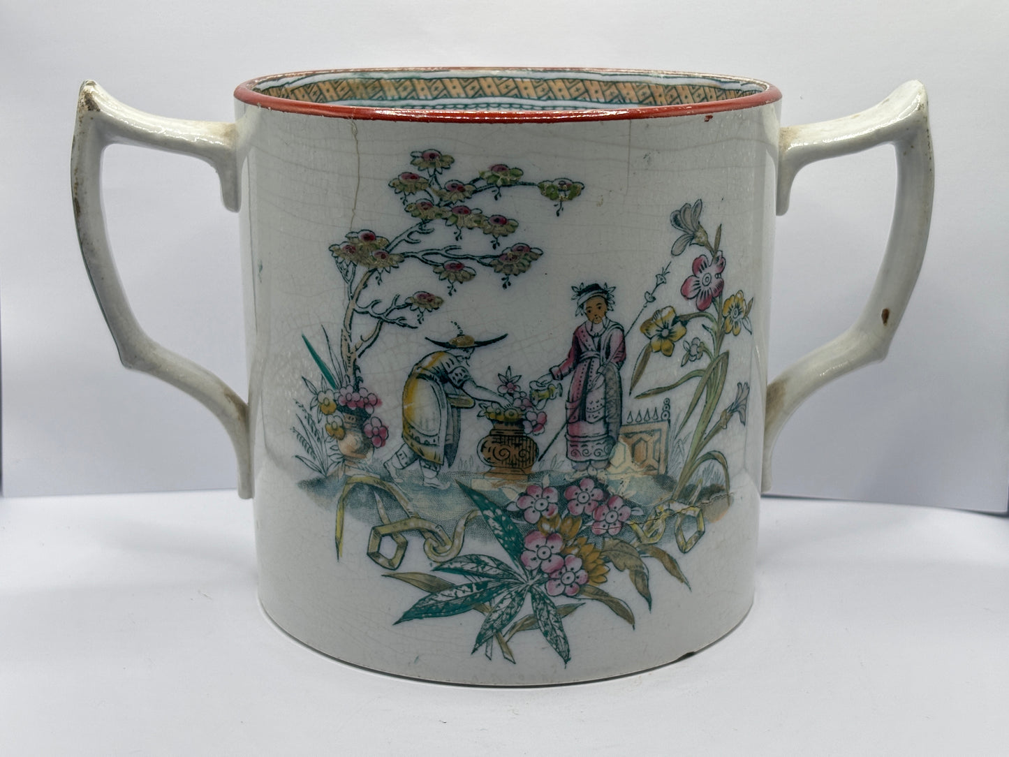 Old 2 handled mug, oriental