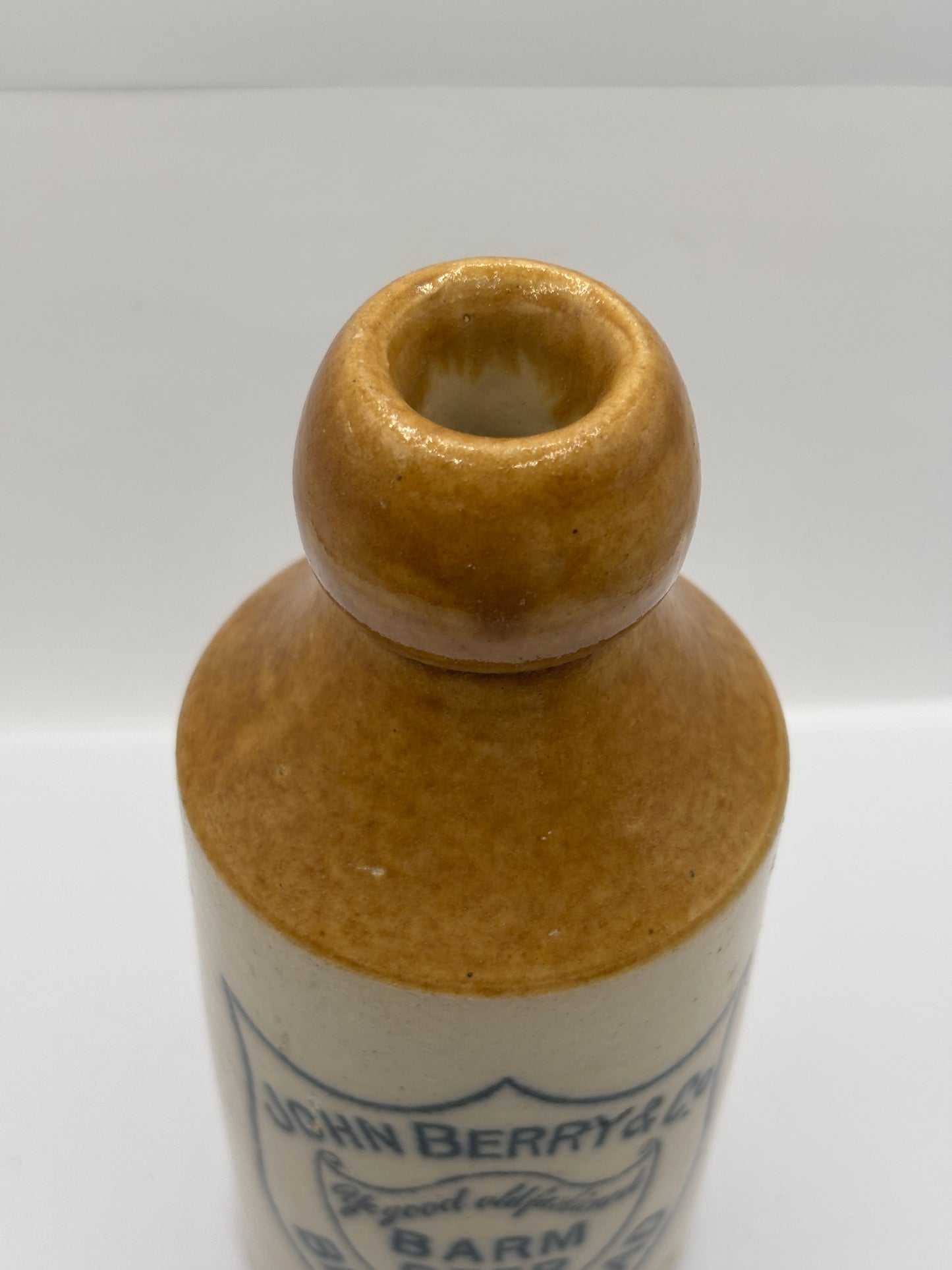 Old stoneware ginger beer bottle, John Berry & Co, Barn beer Birkenhead
