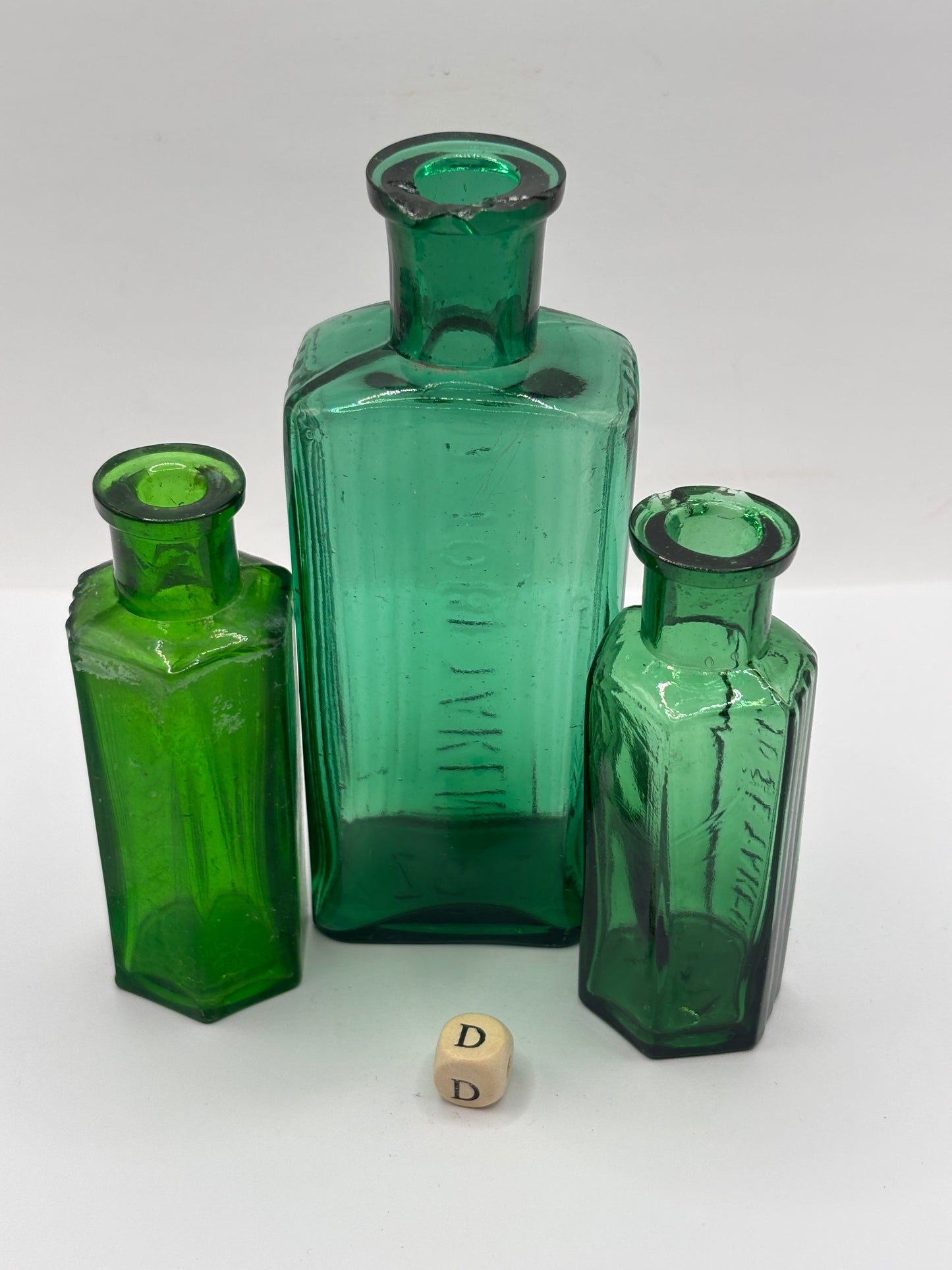 3 old green glass poison bottles, chipped (D)