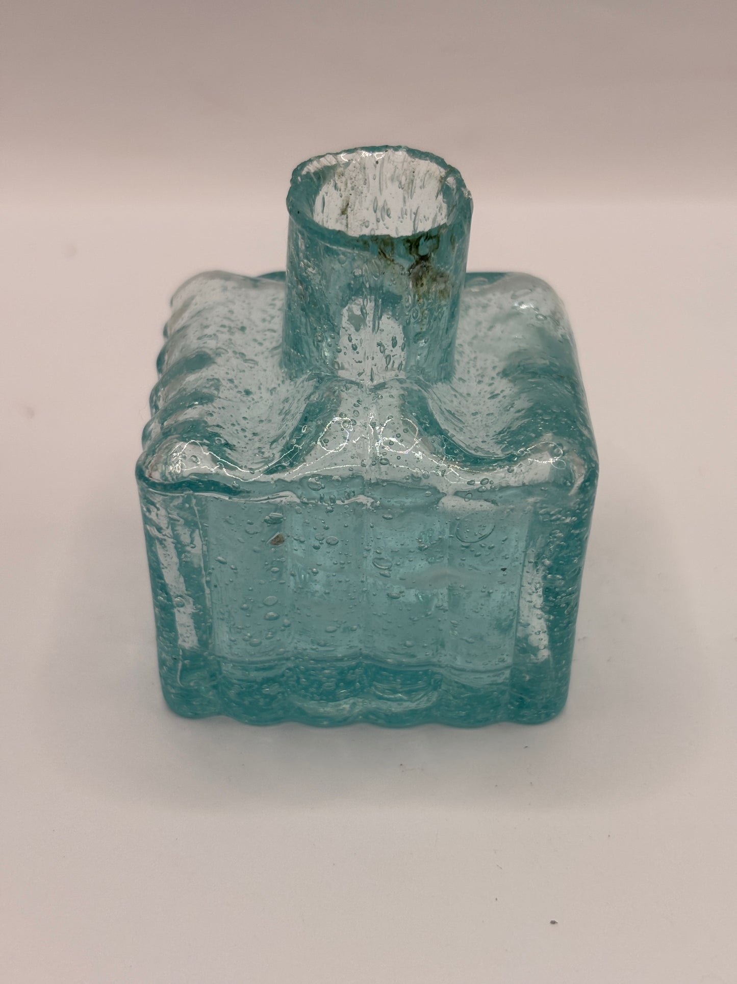 old aqua glass ink,inkwell, ink bottle. bubbly ink