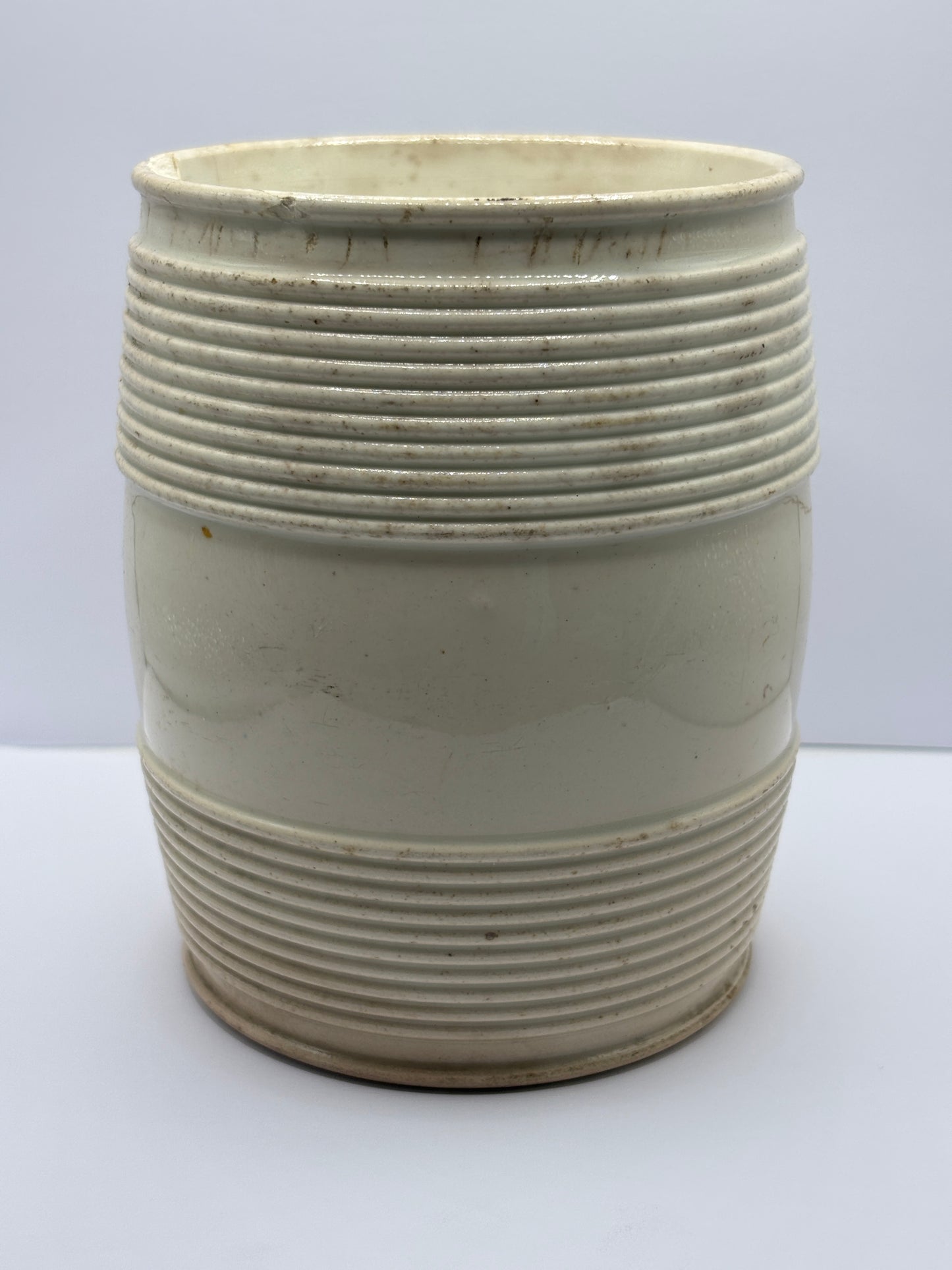 Old french stoneware advertising jar, Rillettes de tours. Damaged