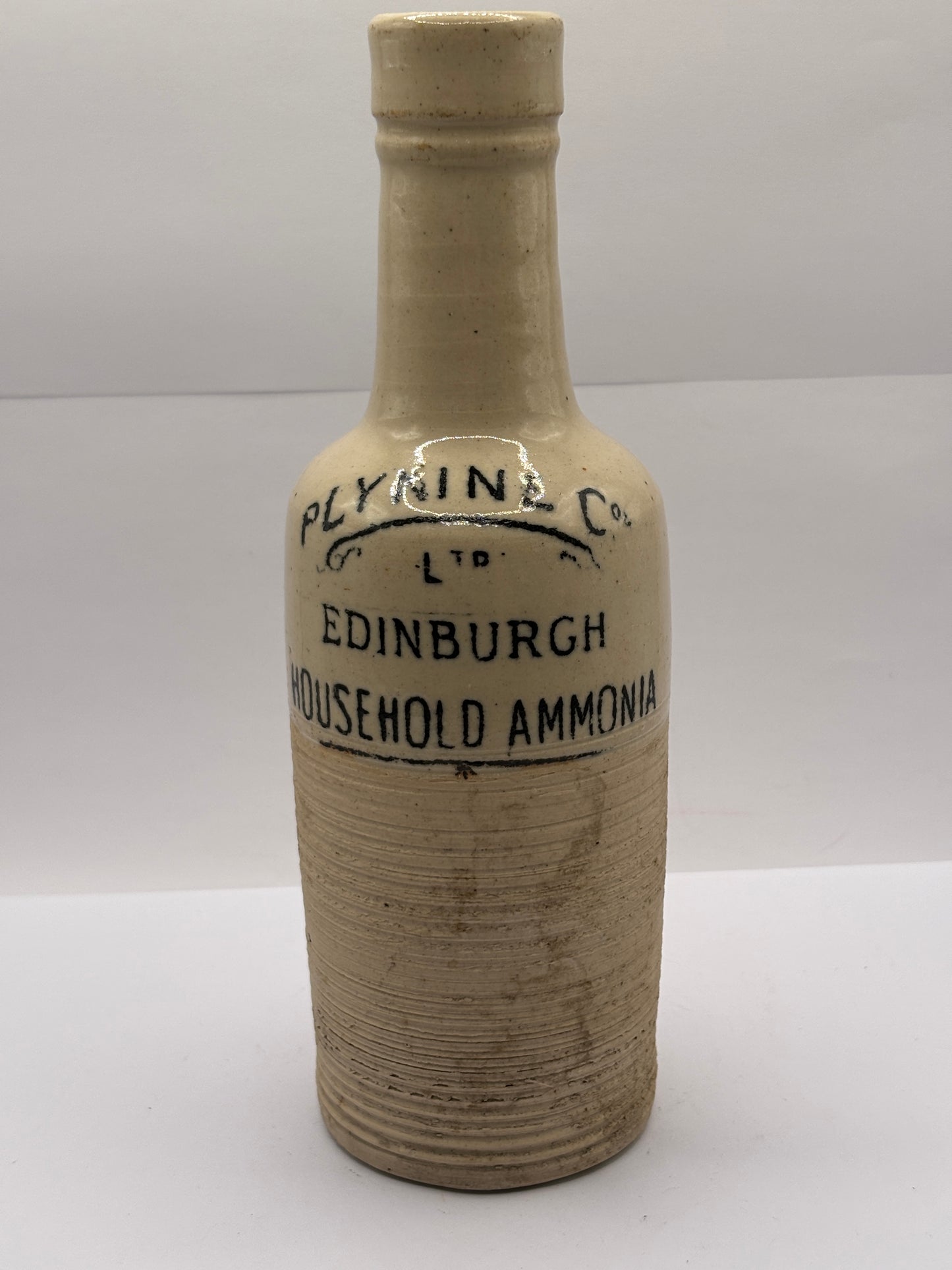 Old White stoneware ammonia bottle, Plynine household ammonia 21cms