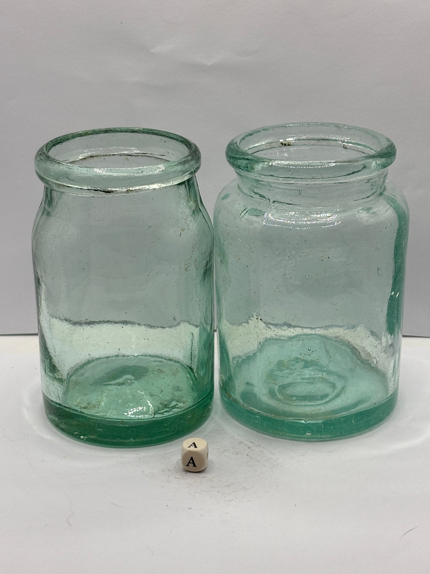 2 Small aqua glass jam & pickle jar (A)