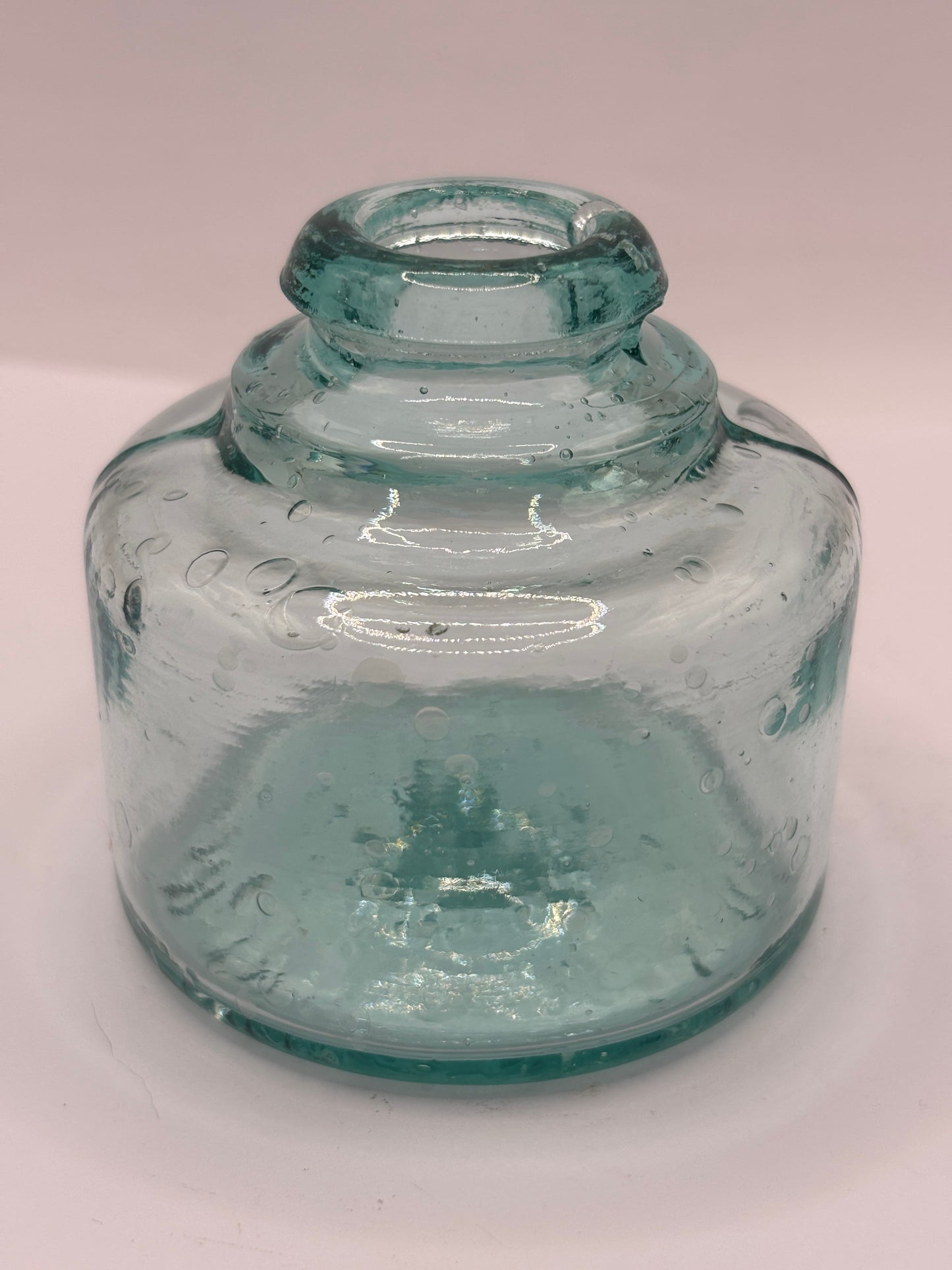 Old aqua glass inkwell, swan ink. Ink bottle