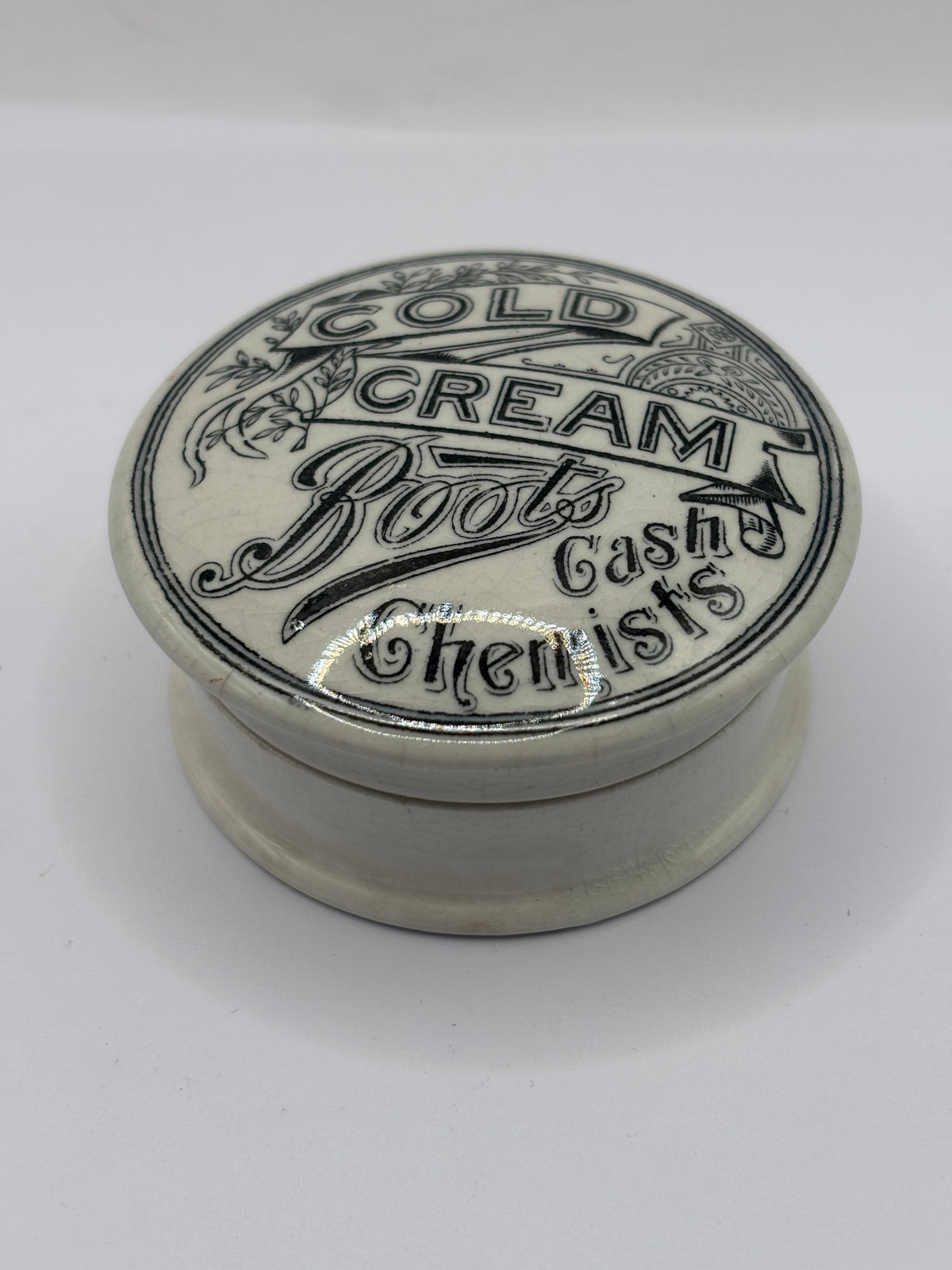 Old advertising lid and base, Boots cold cream