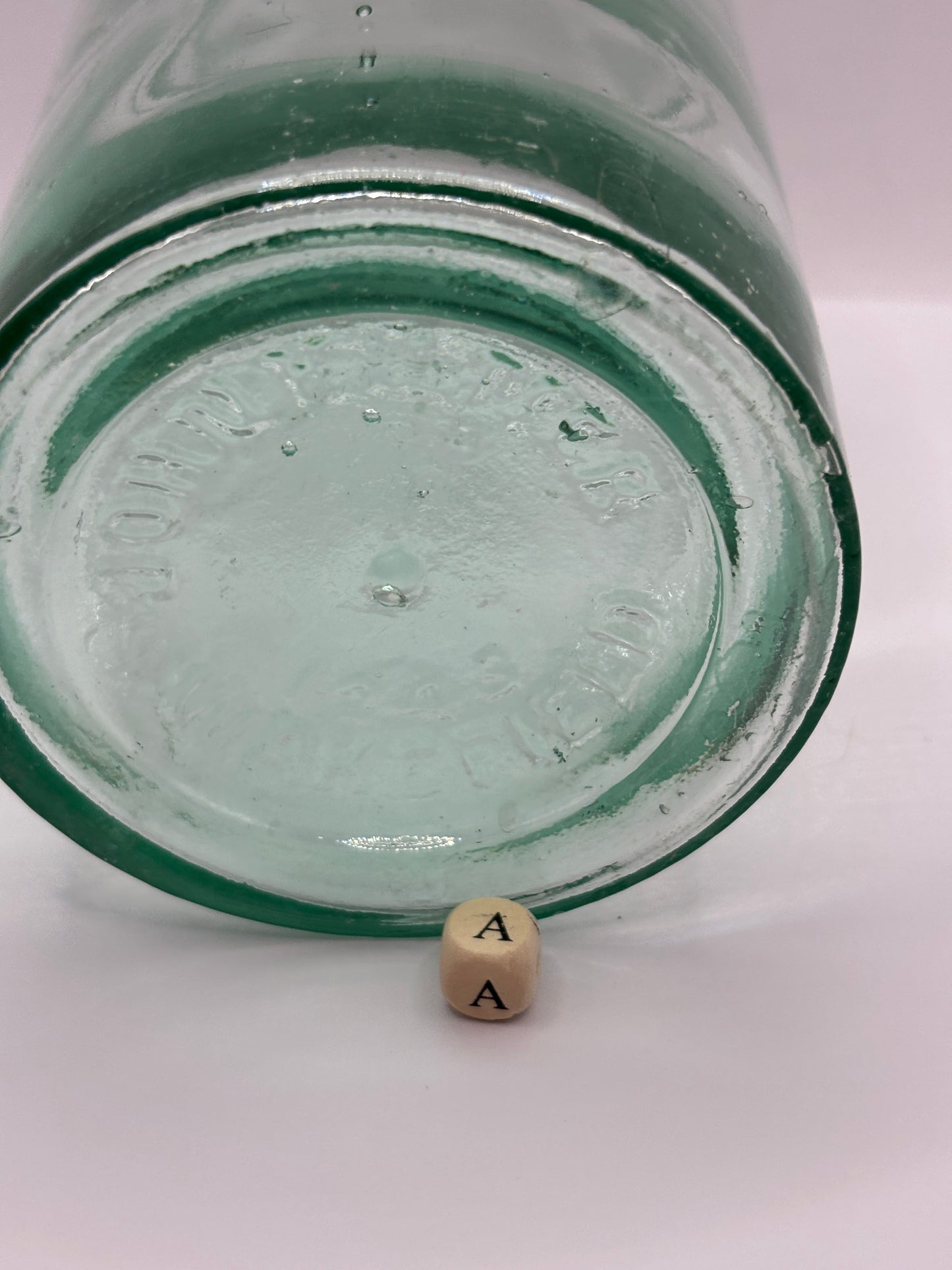 Old 2lb aqua glass pickle jar, preserve jar (a)