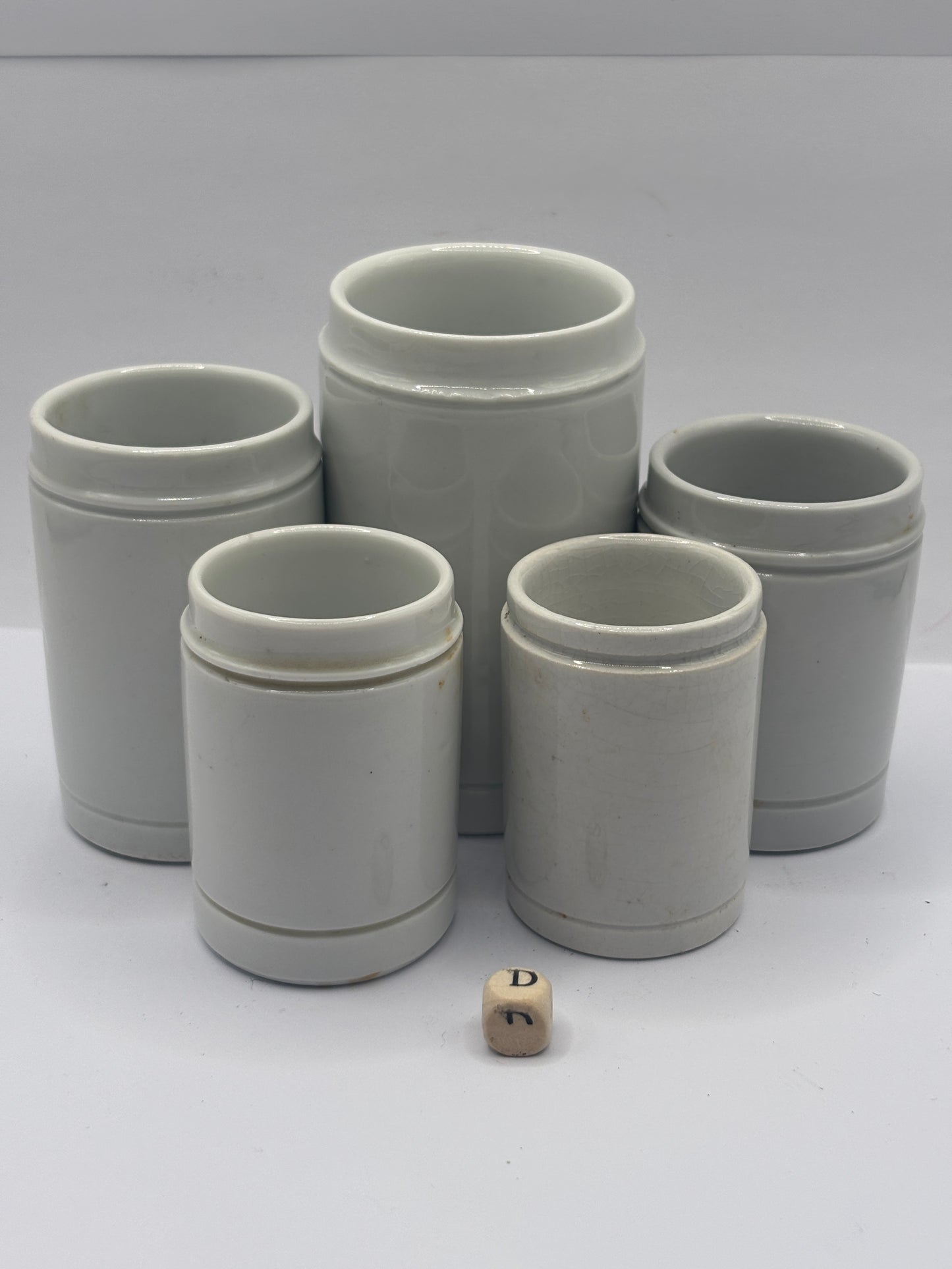5 old white stoneware jars & pots (D)