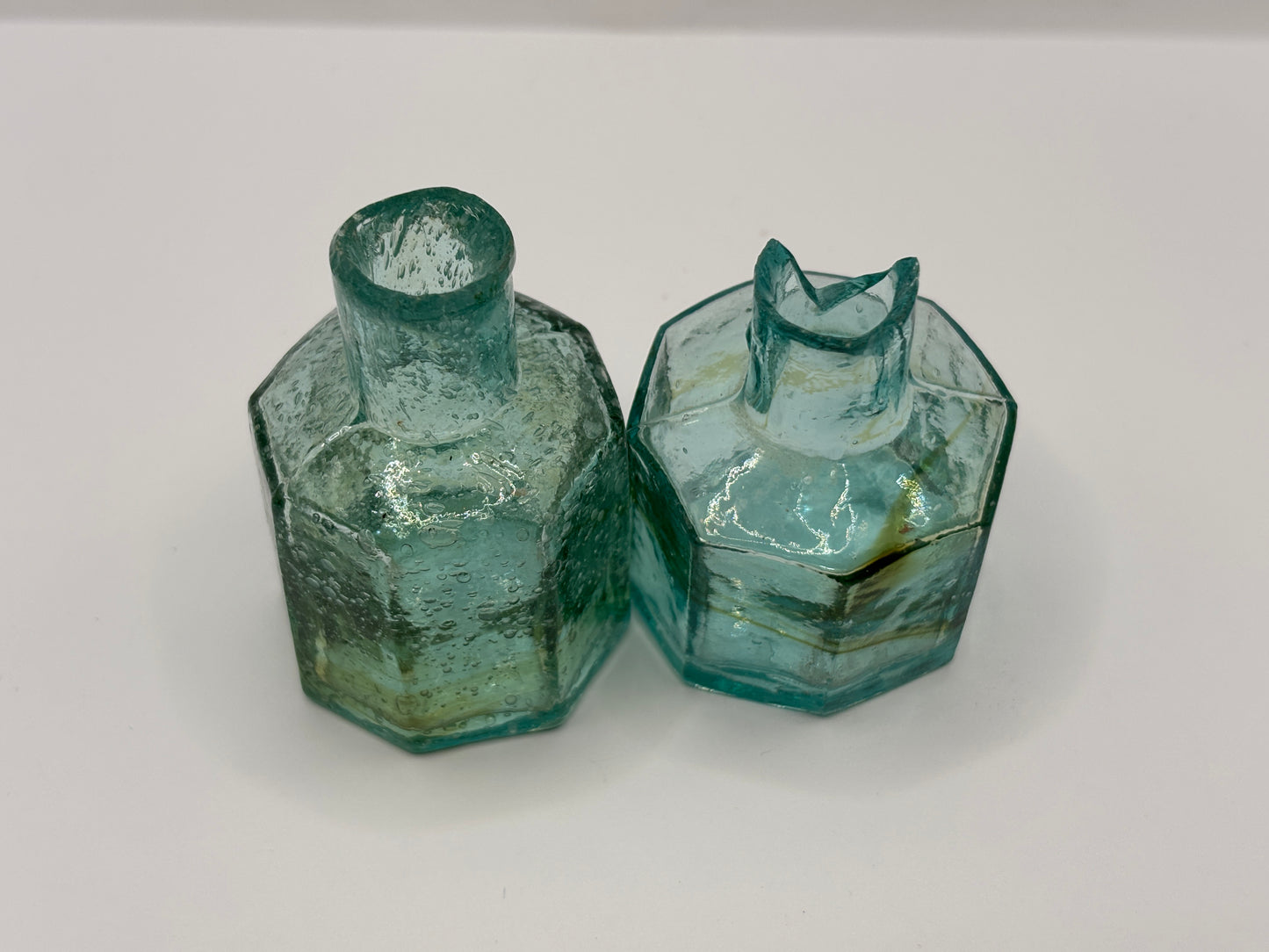 2 old swirly glass ink bottles, inkwells, penny ink
