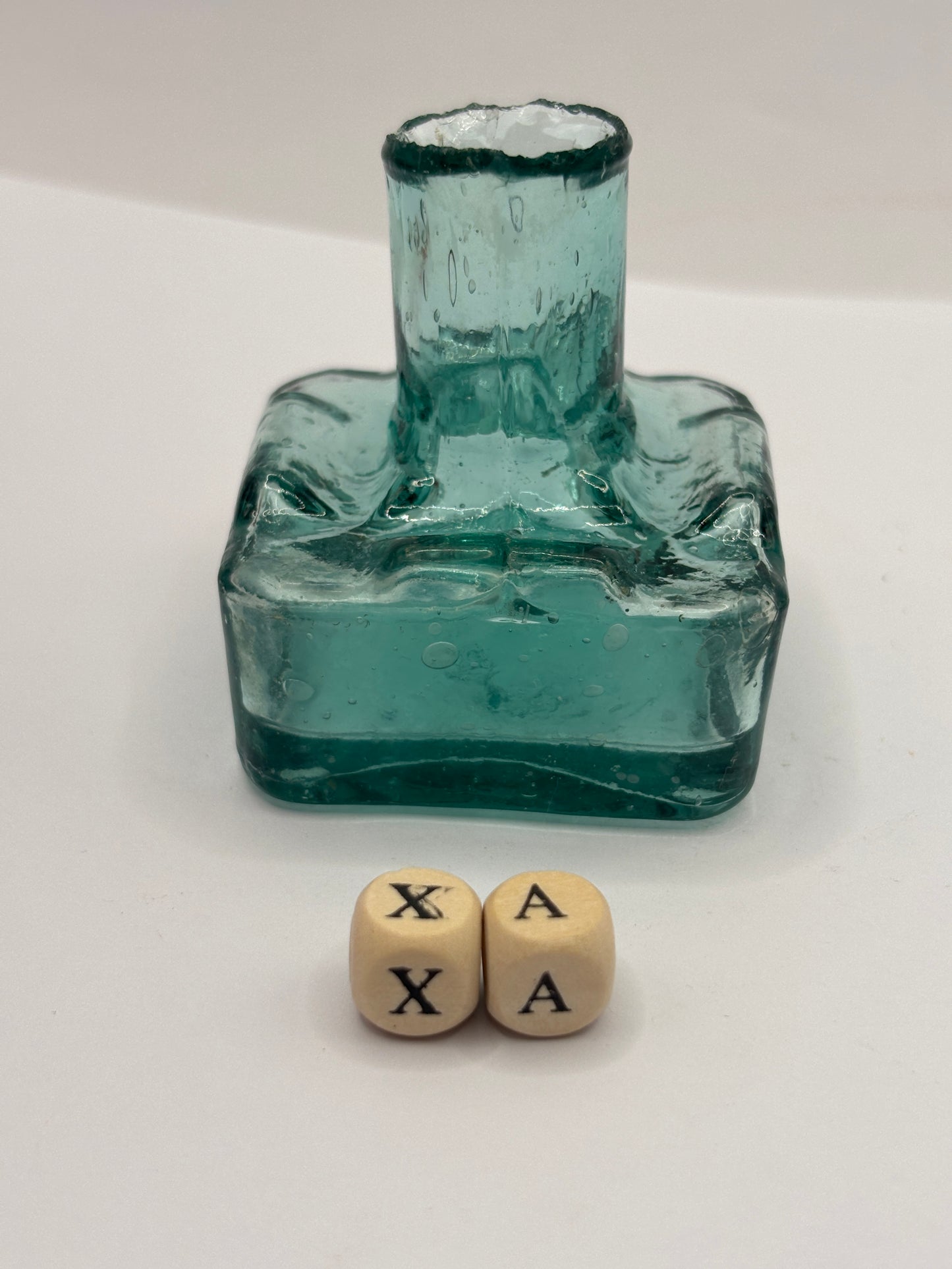 Old dark aqua glass inkwell, ink bottle. Penny ink (xa)