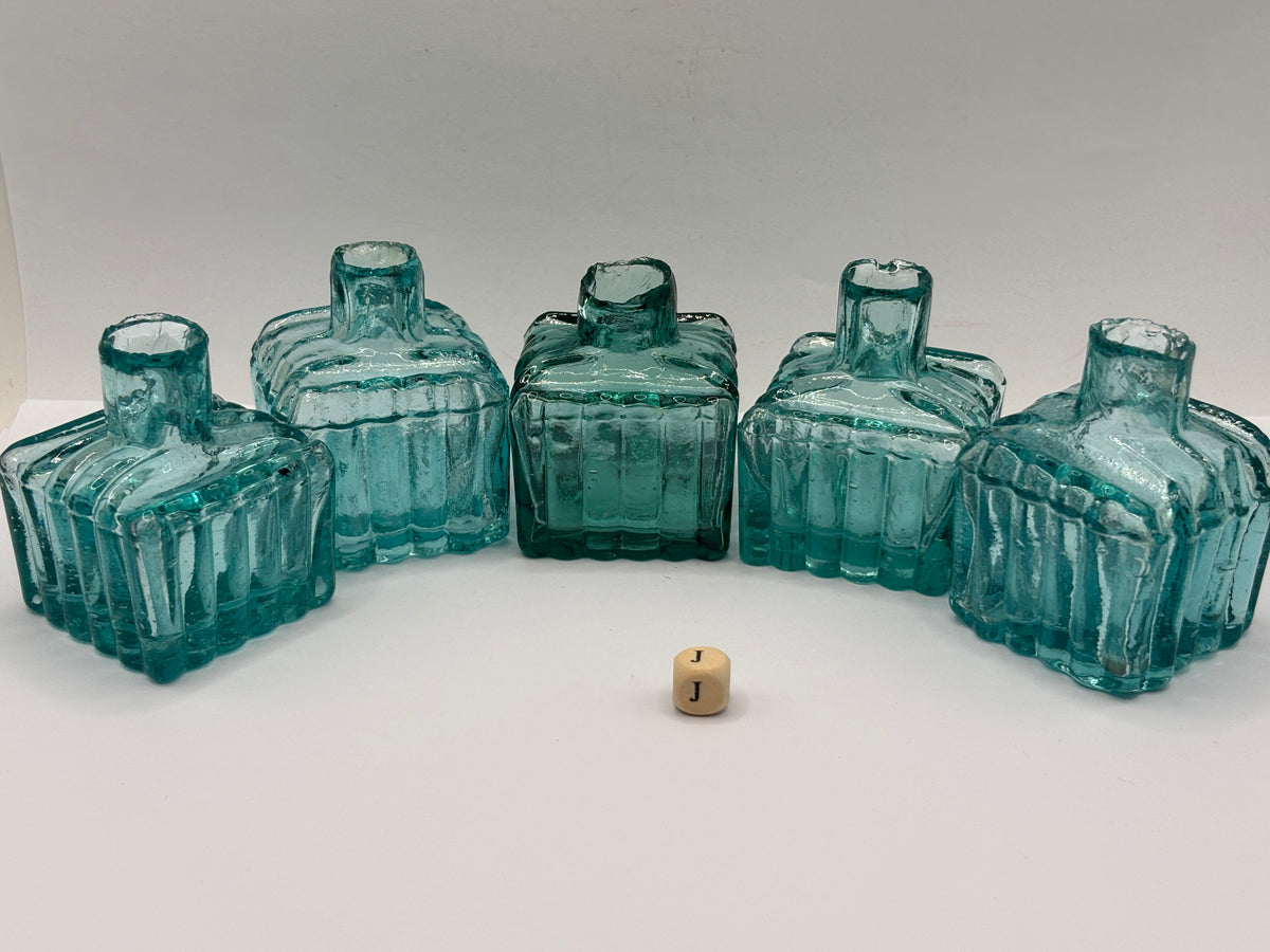 5 old dark aqua glass ribbed inks, inkwells, ink bottles, penny ink (J)