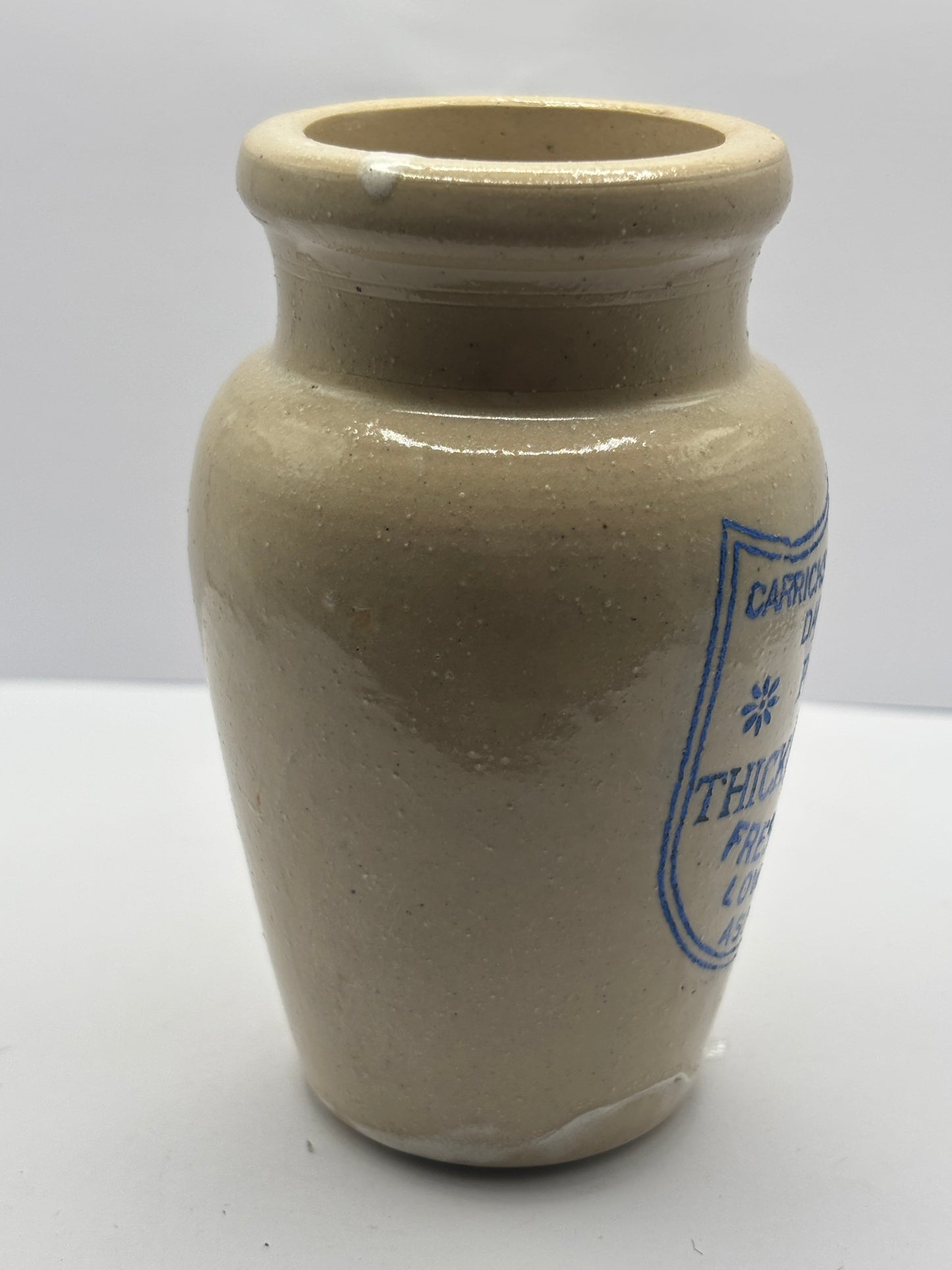 Old blue print advertising stoneware cream pot, Carricks cumberland dairy co, Pure thick cream