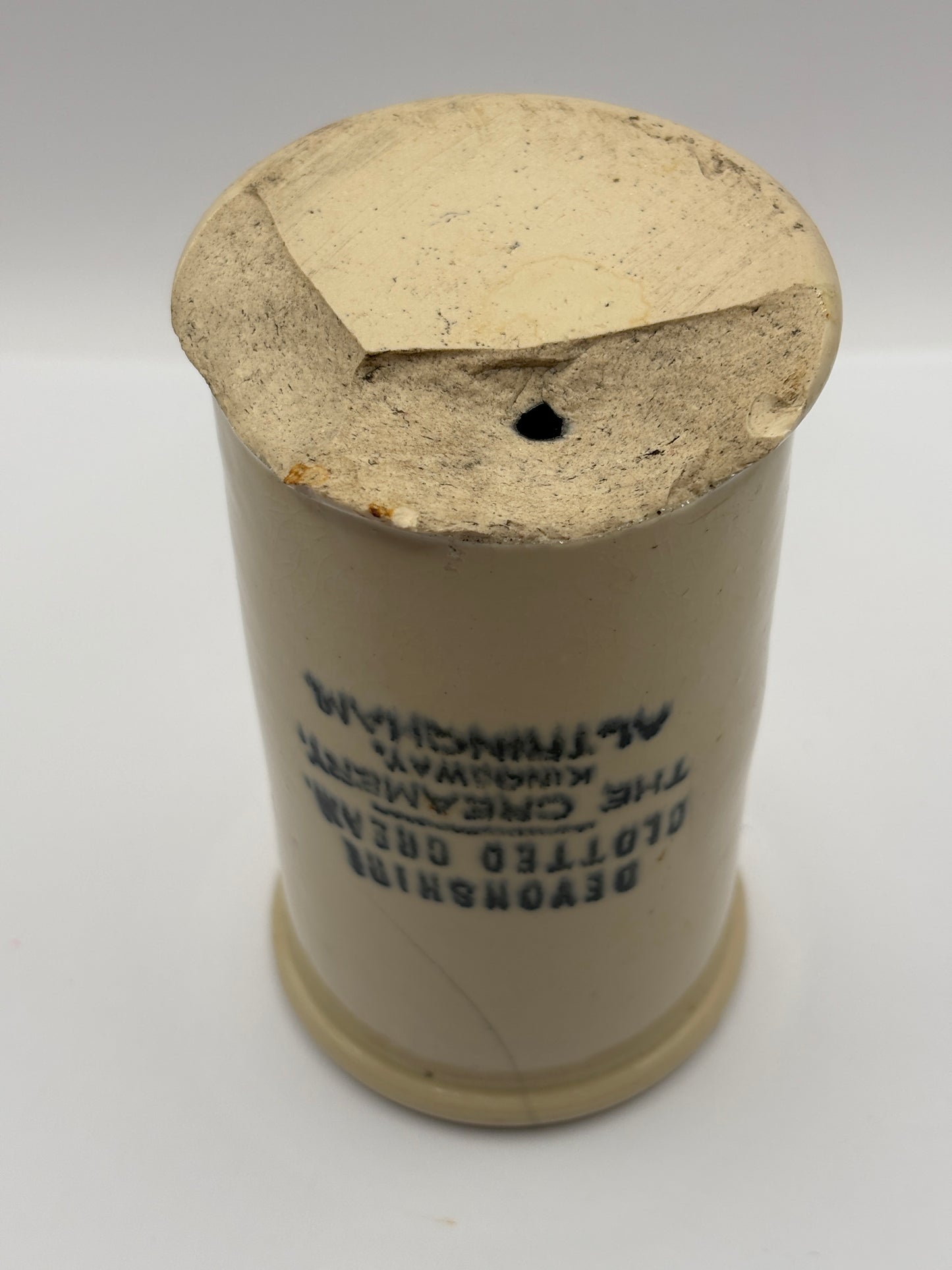 Old advertising clotted cream pot, Devonshire clotted cream, damaged