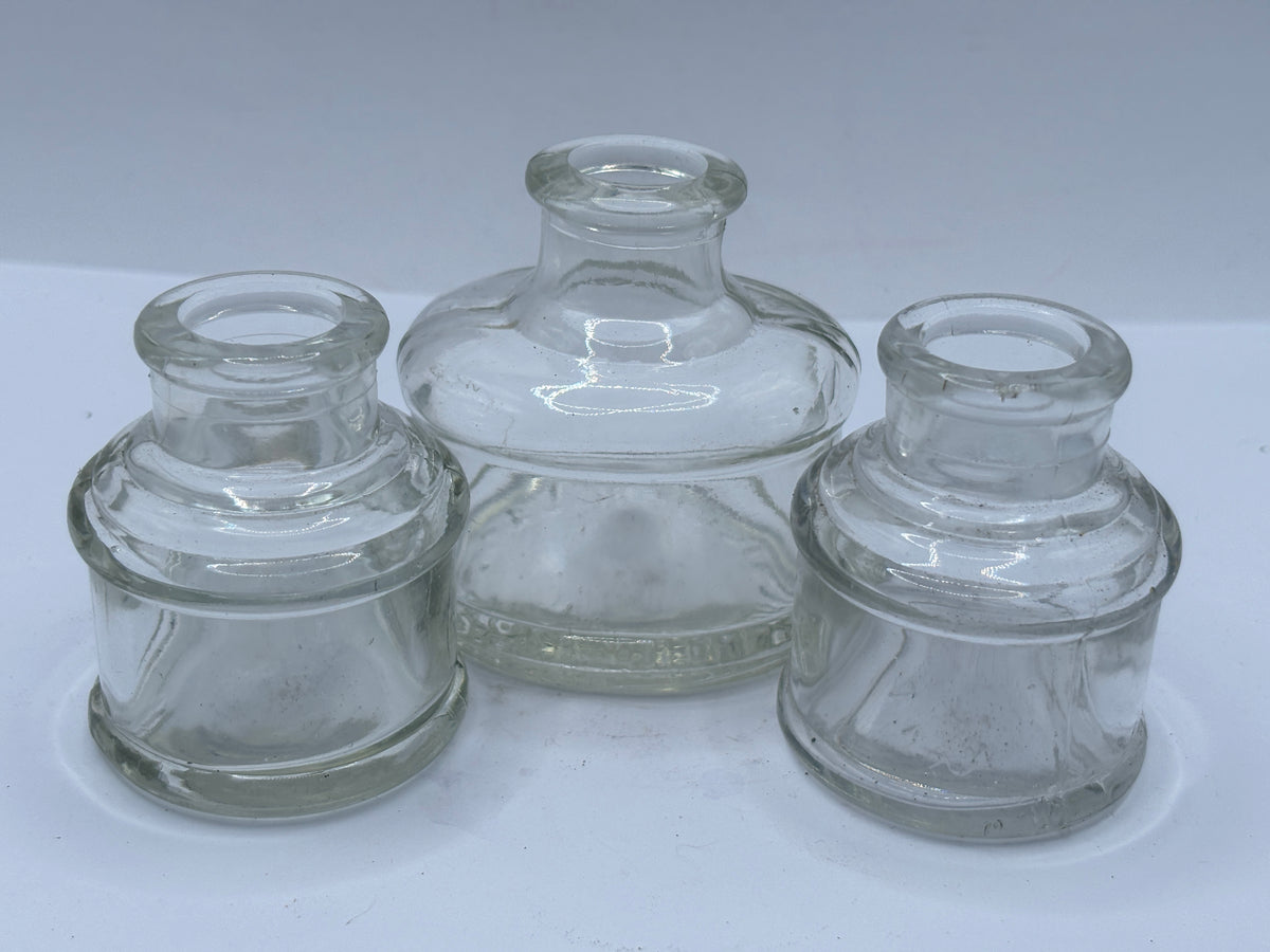 3 old clear glass inkwells, ink bottles