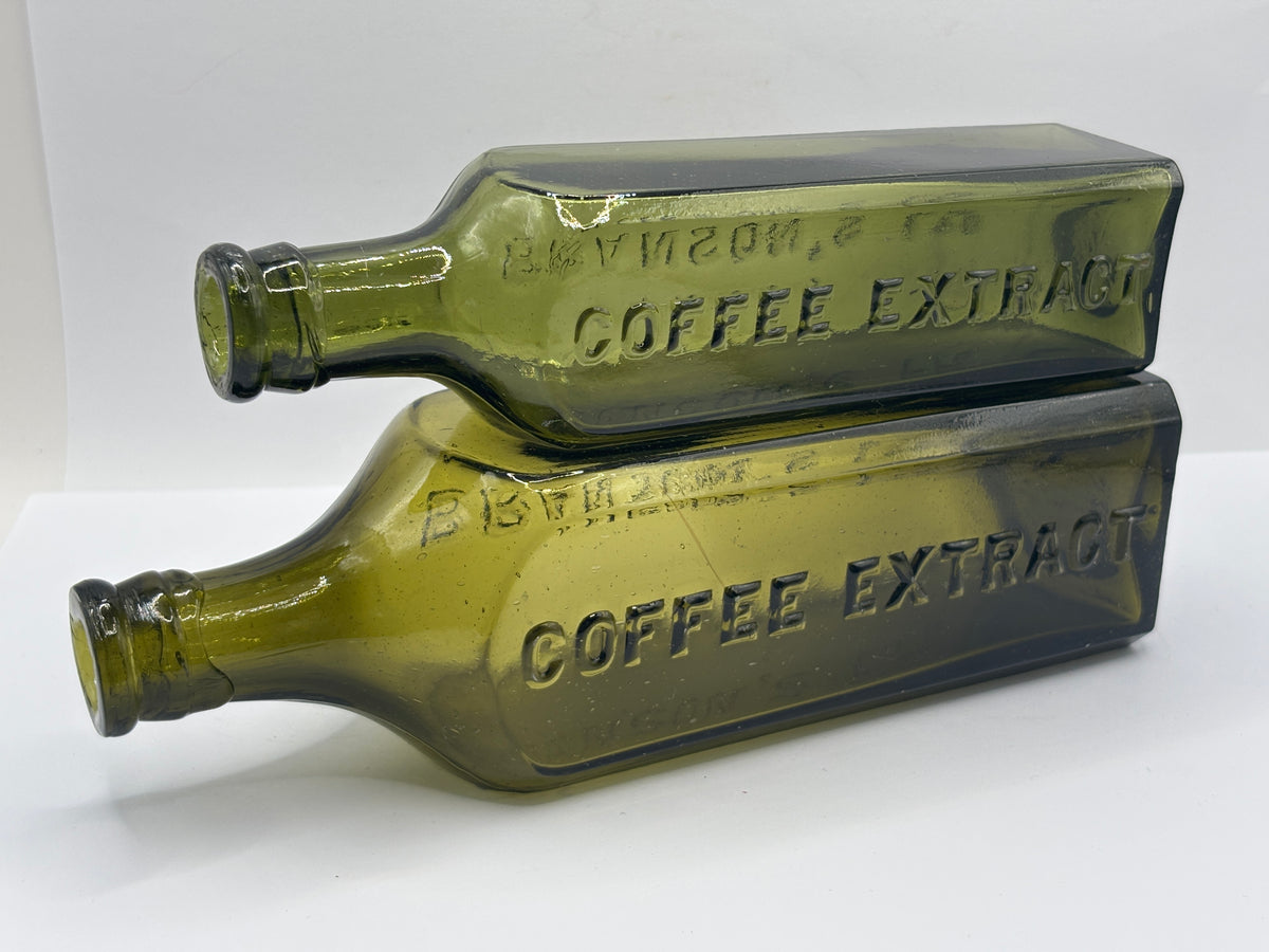 2 Old green glass Branston sauce bottles