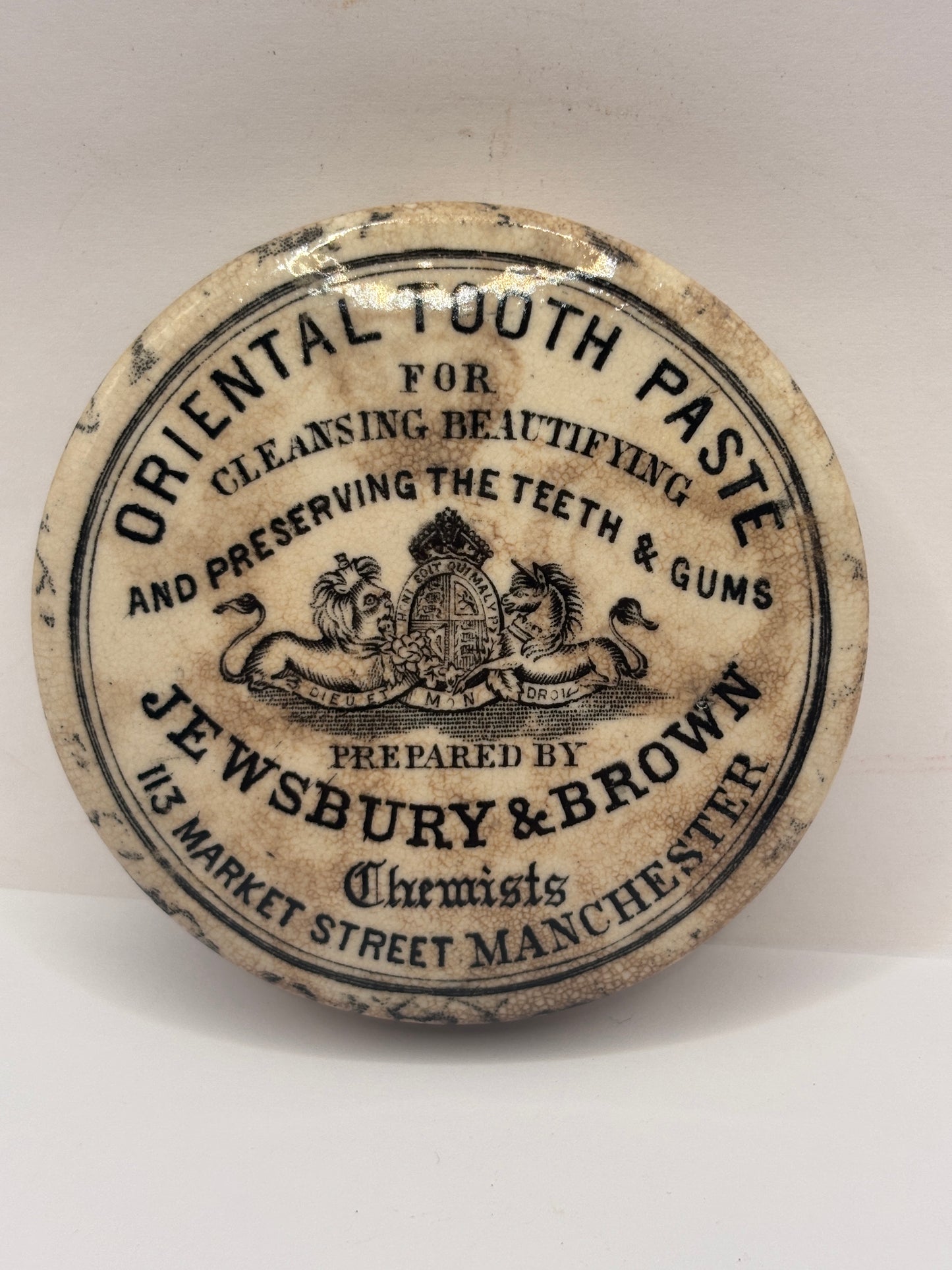 Old advertising lid, Jewsbury & brown oriental tooth paste
