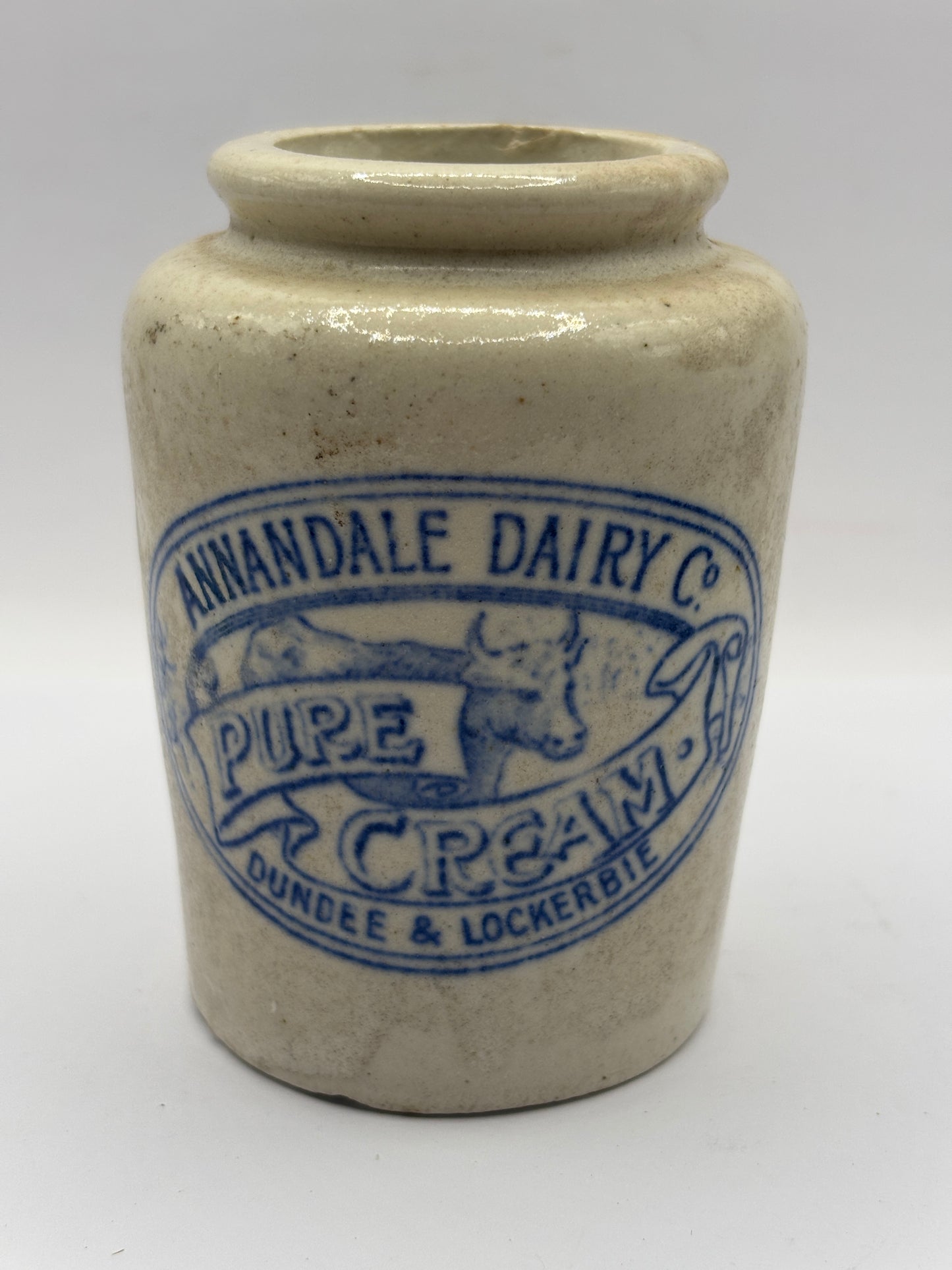 Old blue print advertising cream pot, Annandale dairy. Pure cream