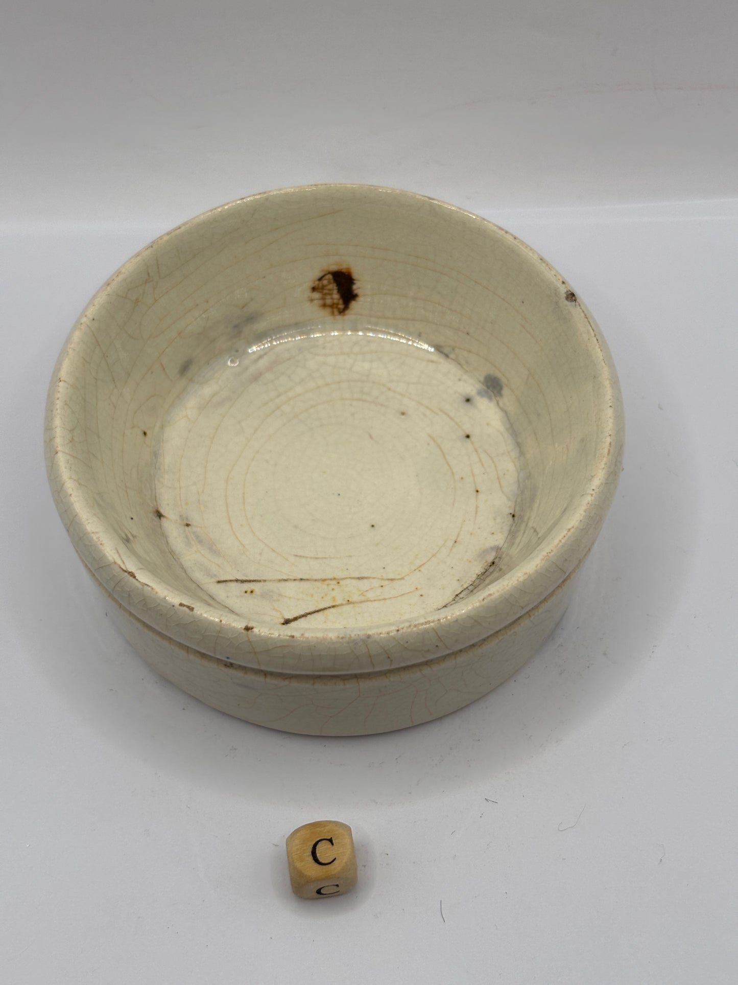 Old plain stoneware meat paste pot (c) stained & crazed